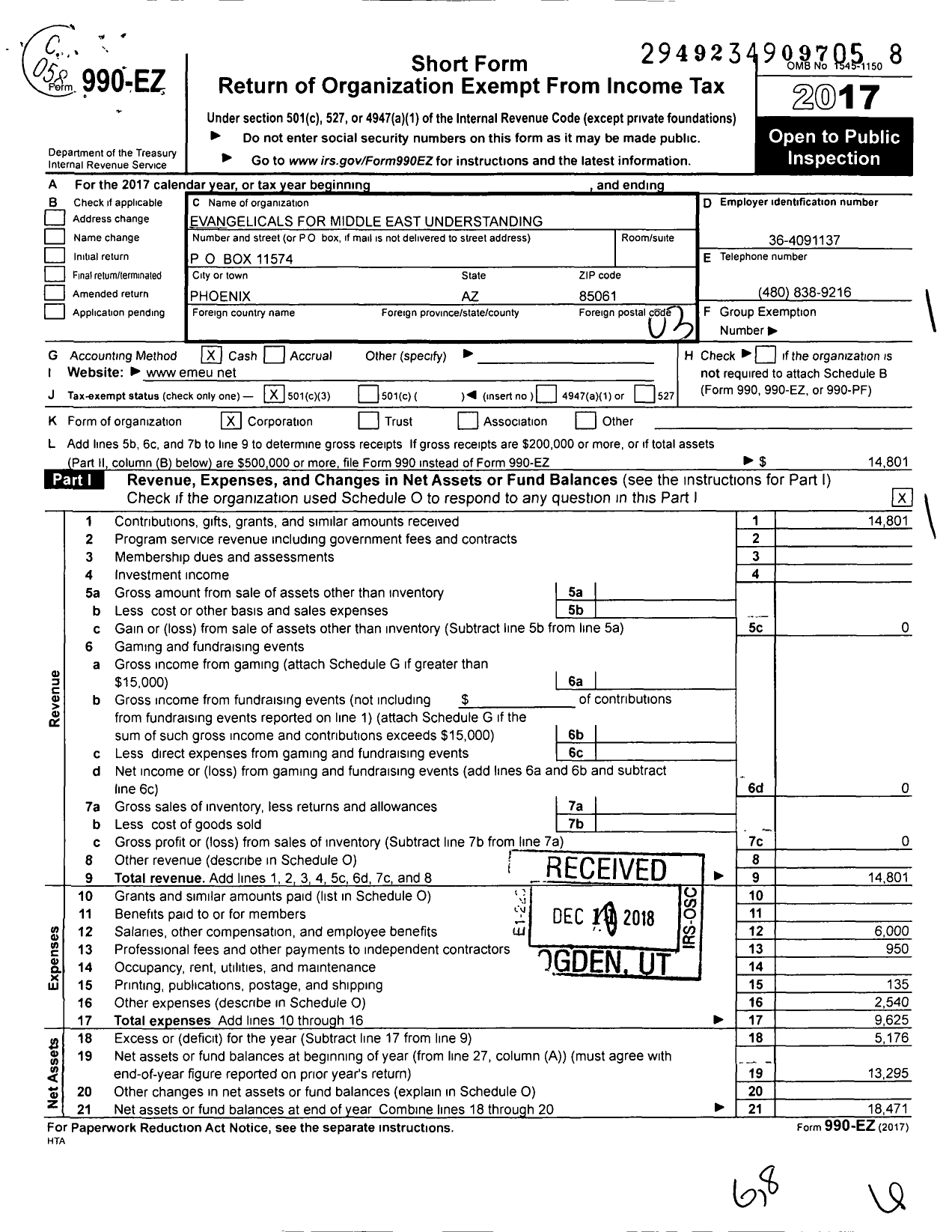 Image of first page of 2017 Form 990EZ for Evangelicals for Middle East Understanding