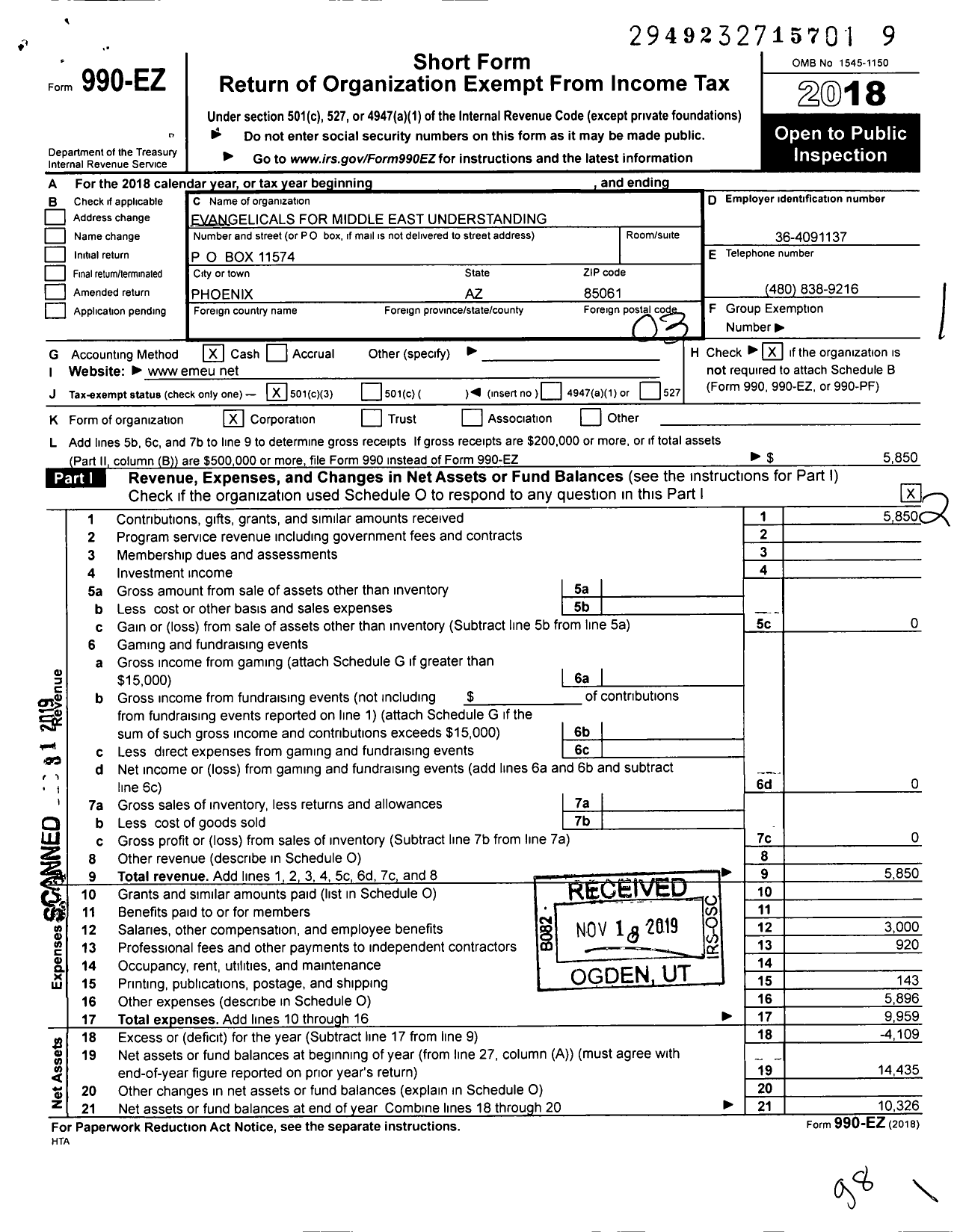 Image of first page of 2018 Form 990EZ for Evangelicals for Middle East Understanding