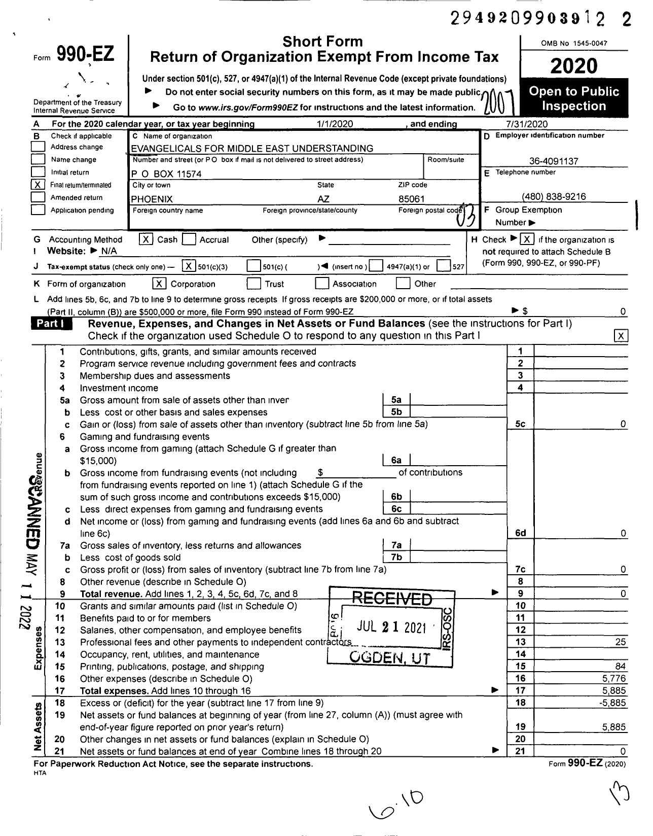 Image of first page of 2019 Form 990EZ for Evangelicals for Middle East Understanding