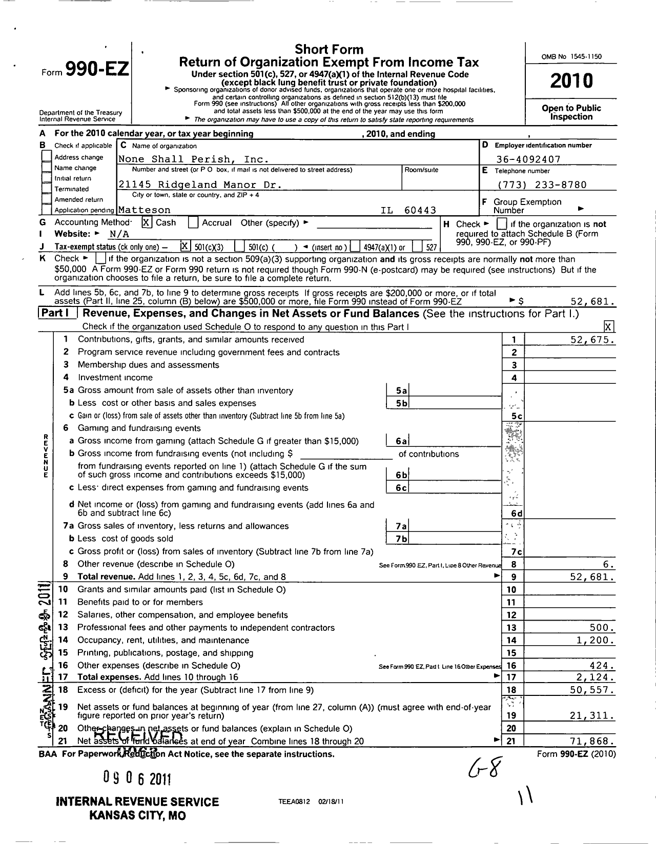 Image of first page of 2010 Form 990EZ for None Shall Perish