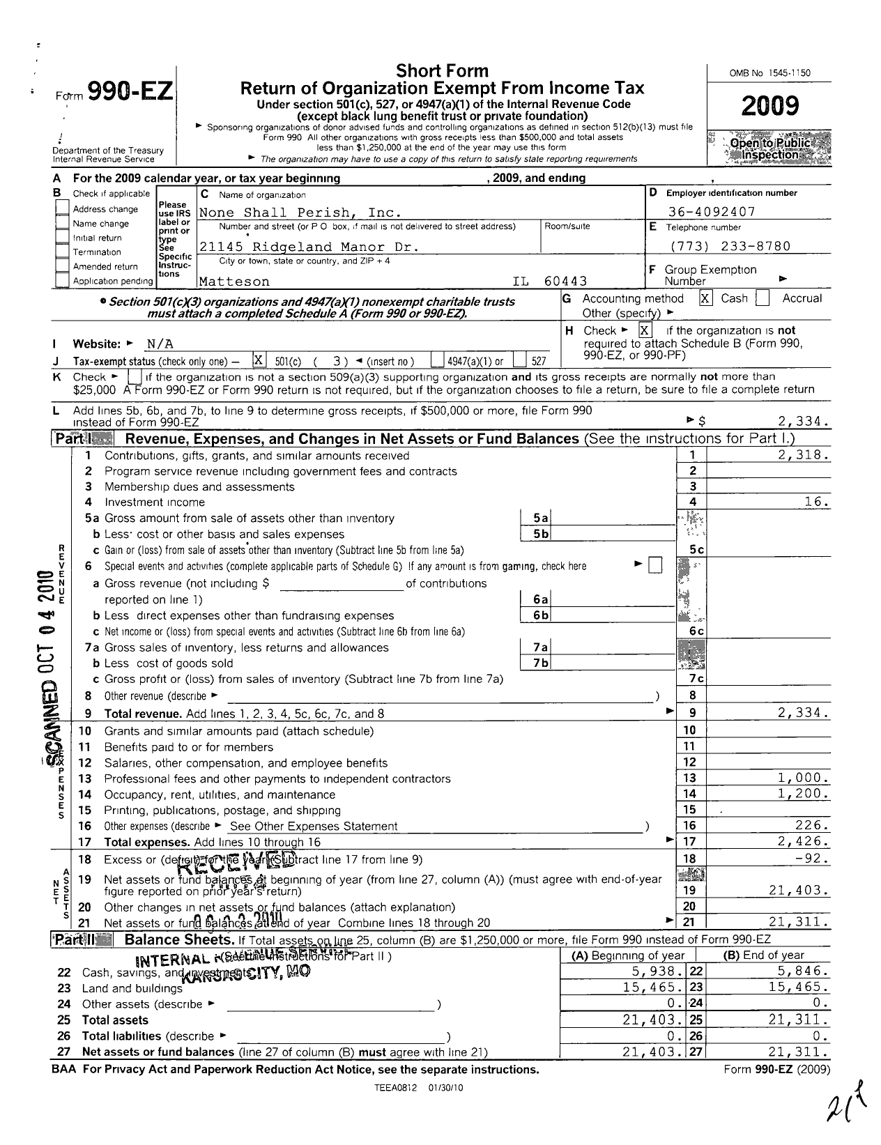 Image of first page of 2009 Form 990EZ for None Shall Perish