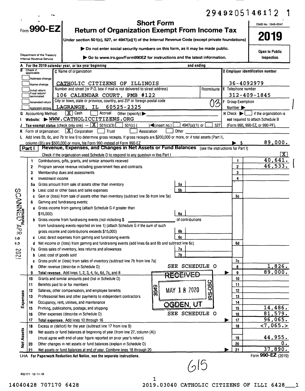 Image of first page of 2019 Form 990EZ for Catholic Citizens of Illinois