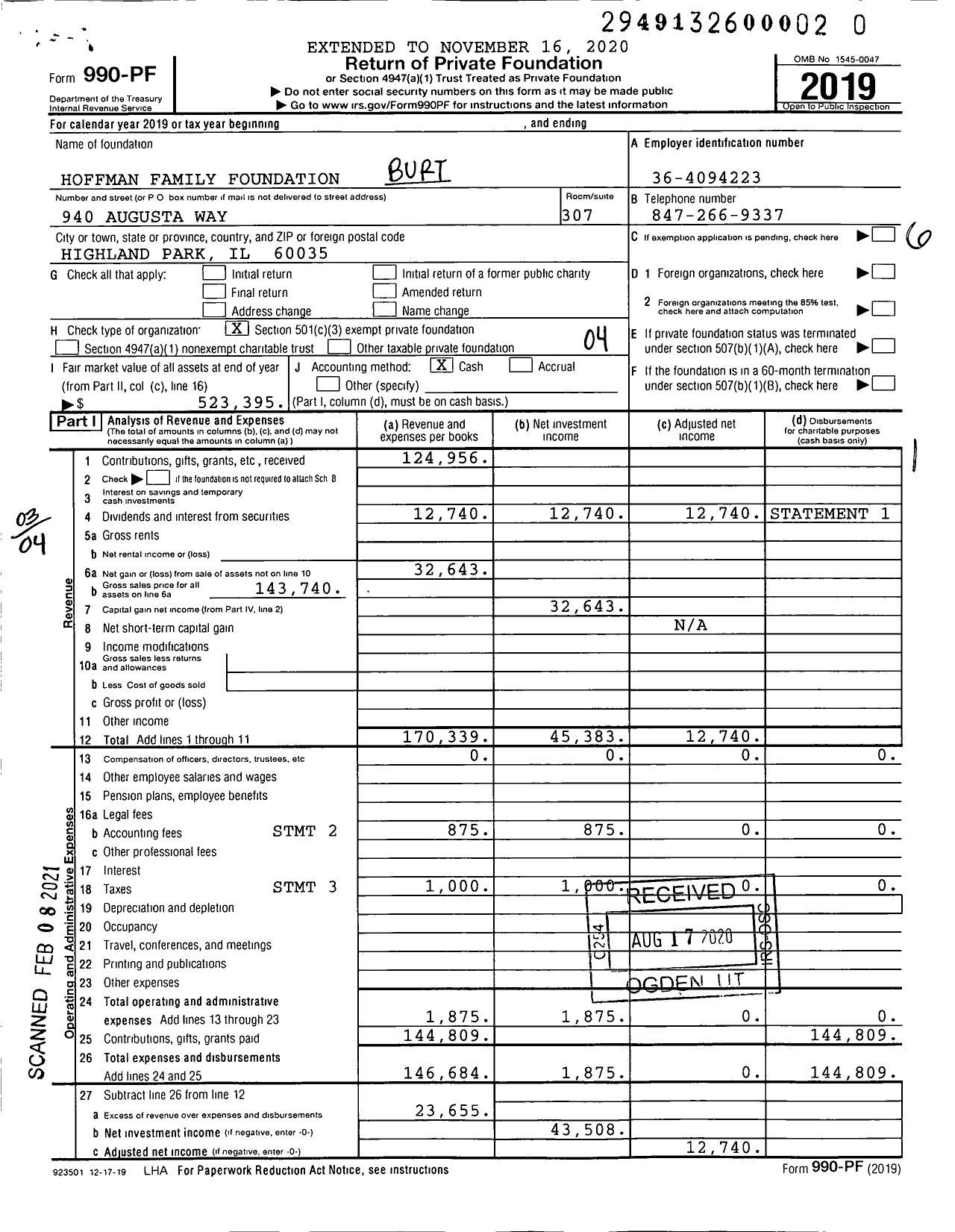 Image of first page of 2019 Form 990PF for Hoffman Family Foundation