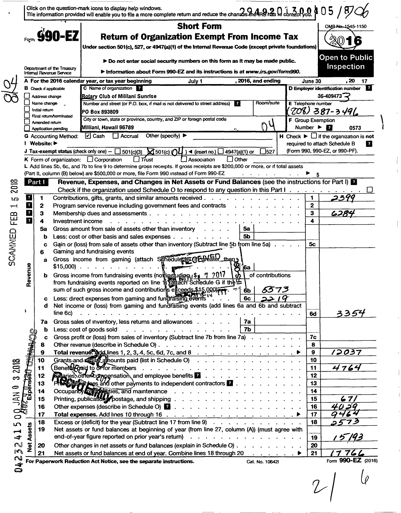 Image of first page of 2016 Form 990EO for Rotary International - Mililani Sunrise Hawaii