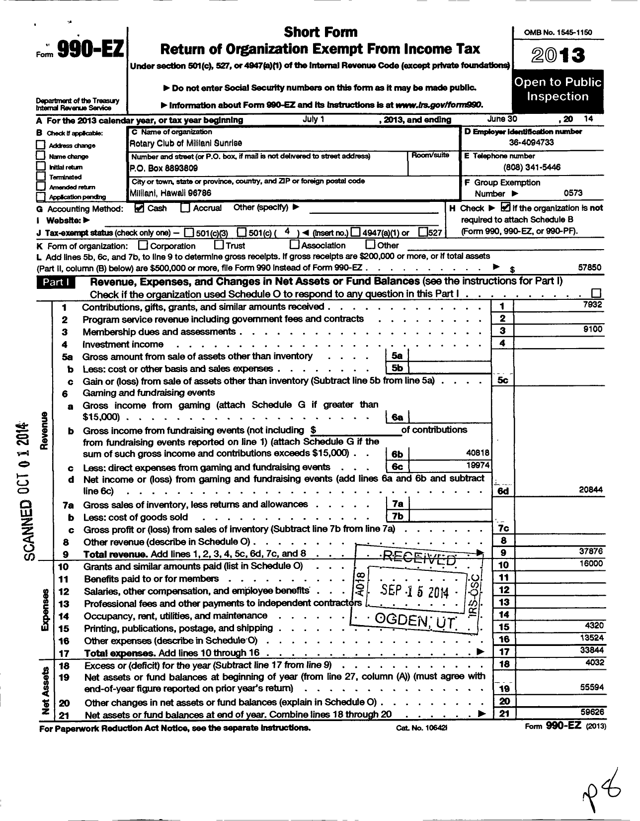 Image of first page of 2013 Form 990EO for Rotary International - Mililani Sunrise Hawaii