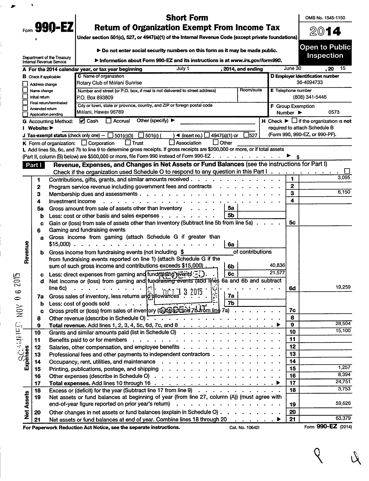 Image of first page of 2014 Form 990EO for Rotary International - Mililani Sunrise Hawaii