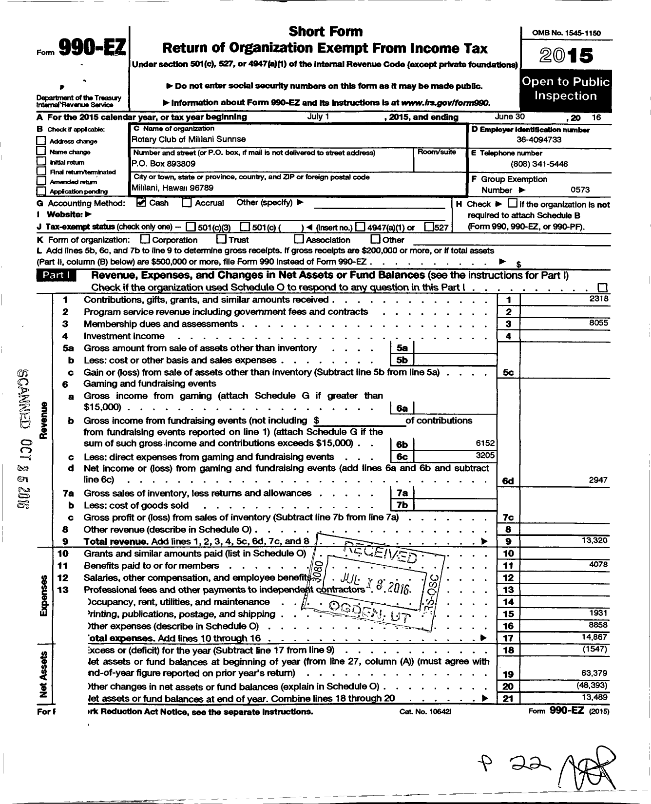 Image of first page of 2015 Form 990EO for Rotary International - Mililani Sunrise Hawaii