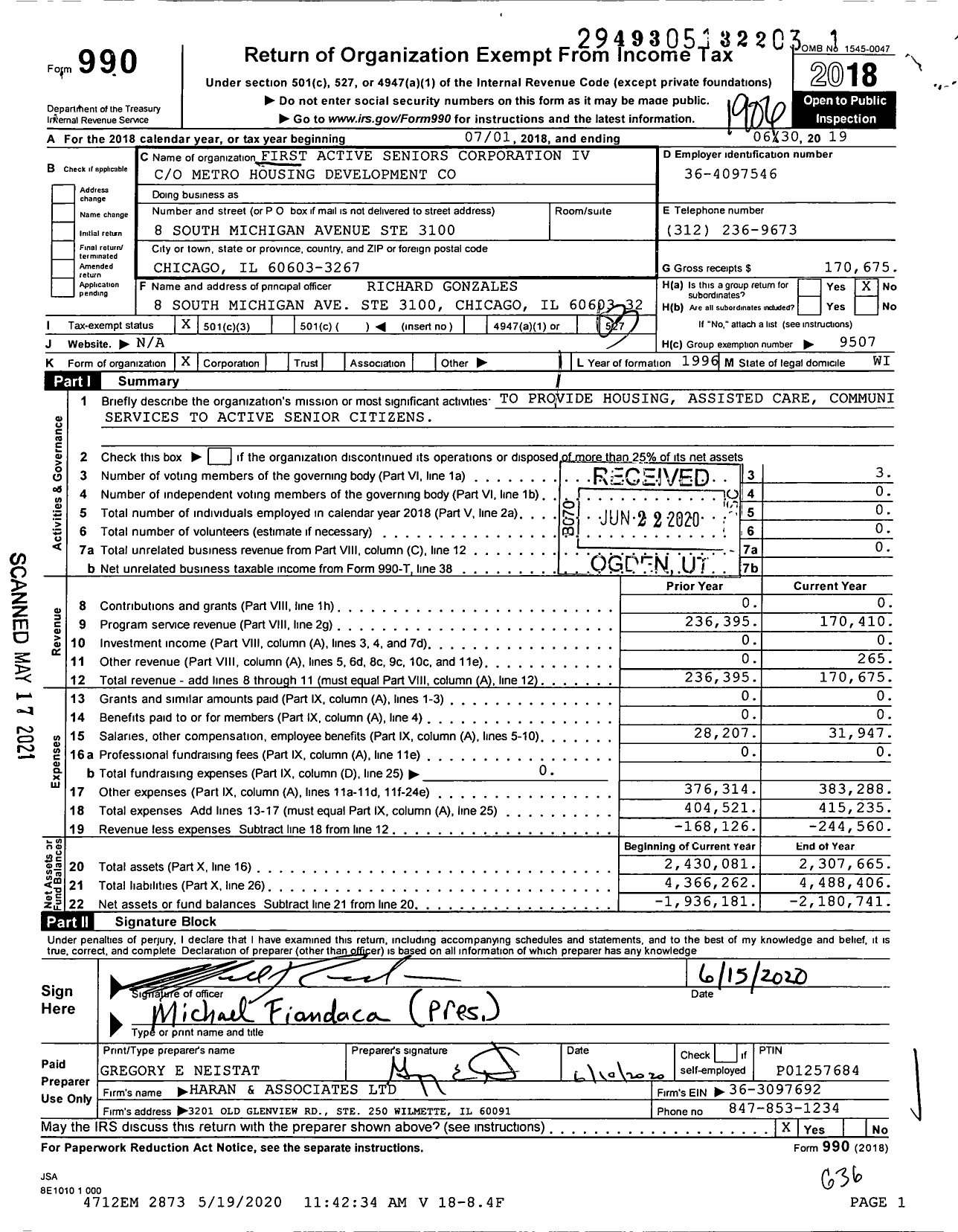 Image of first page of 2018 Form 990 for First Active Seniors Corporation Iv