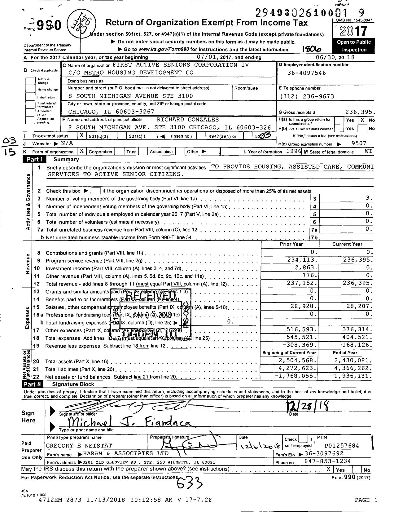 Image of first page of 2017 Form 990 for First Active Seniors Corporation Iv