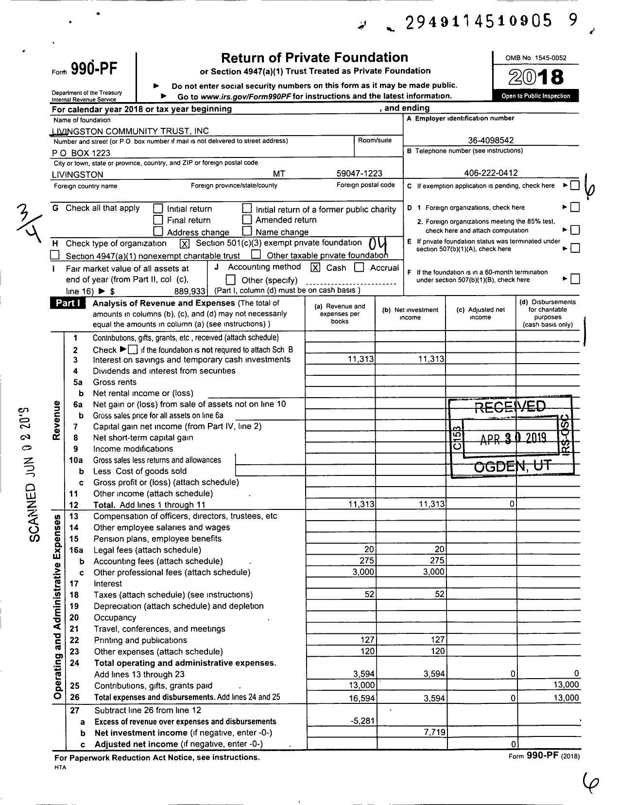 Image of first page of 2018 Form 990PF for Livingston Community Trust