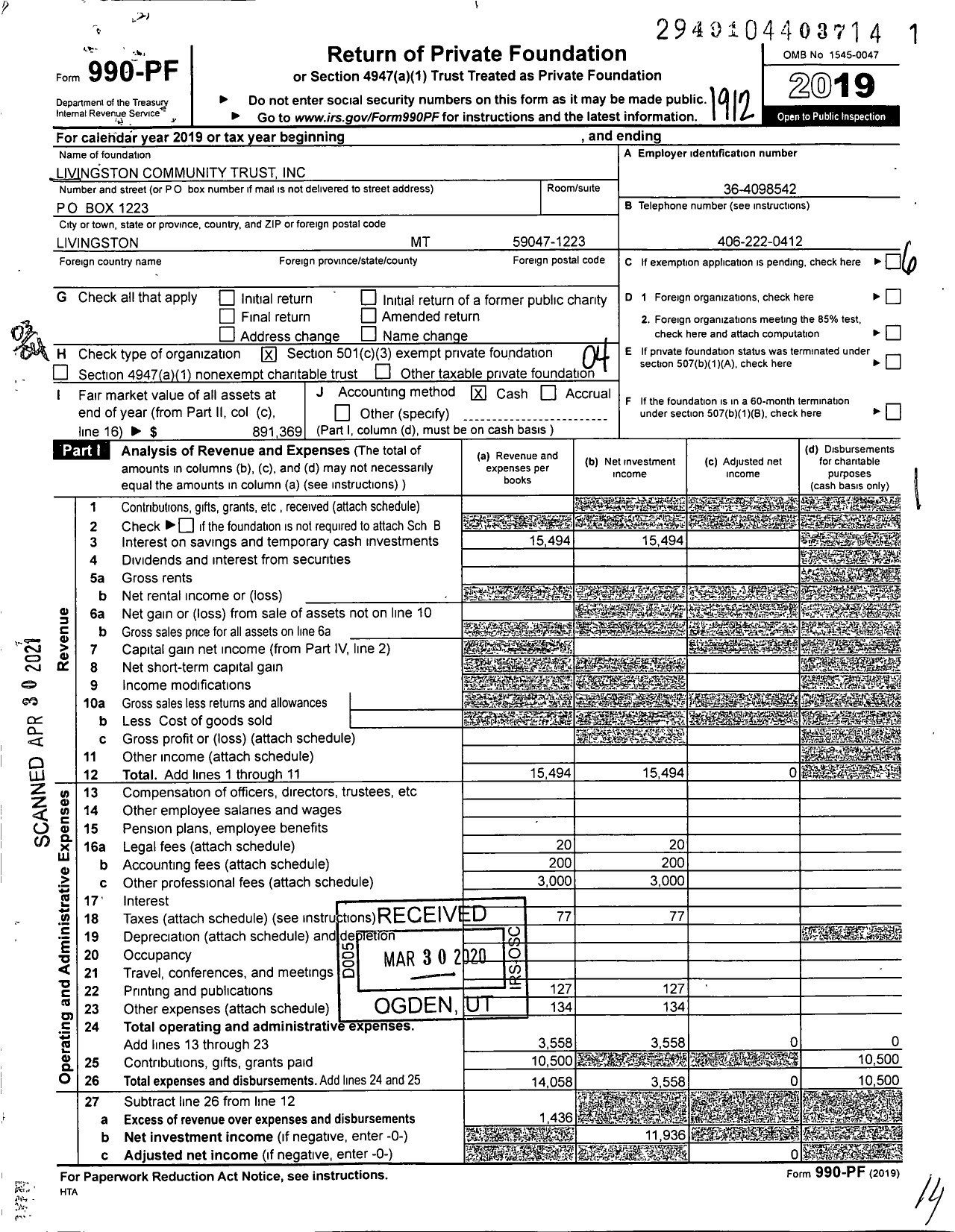 Image of first page of 2019 Form 990PF for Livingston Community Trust