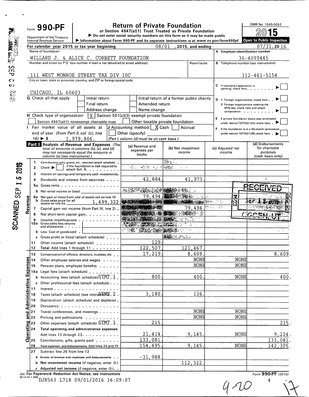Image of first page of 2015 Form 990PF for Willard J and Alice C Corbett Foundation