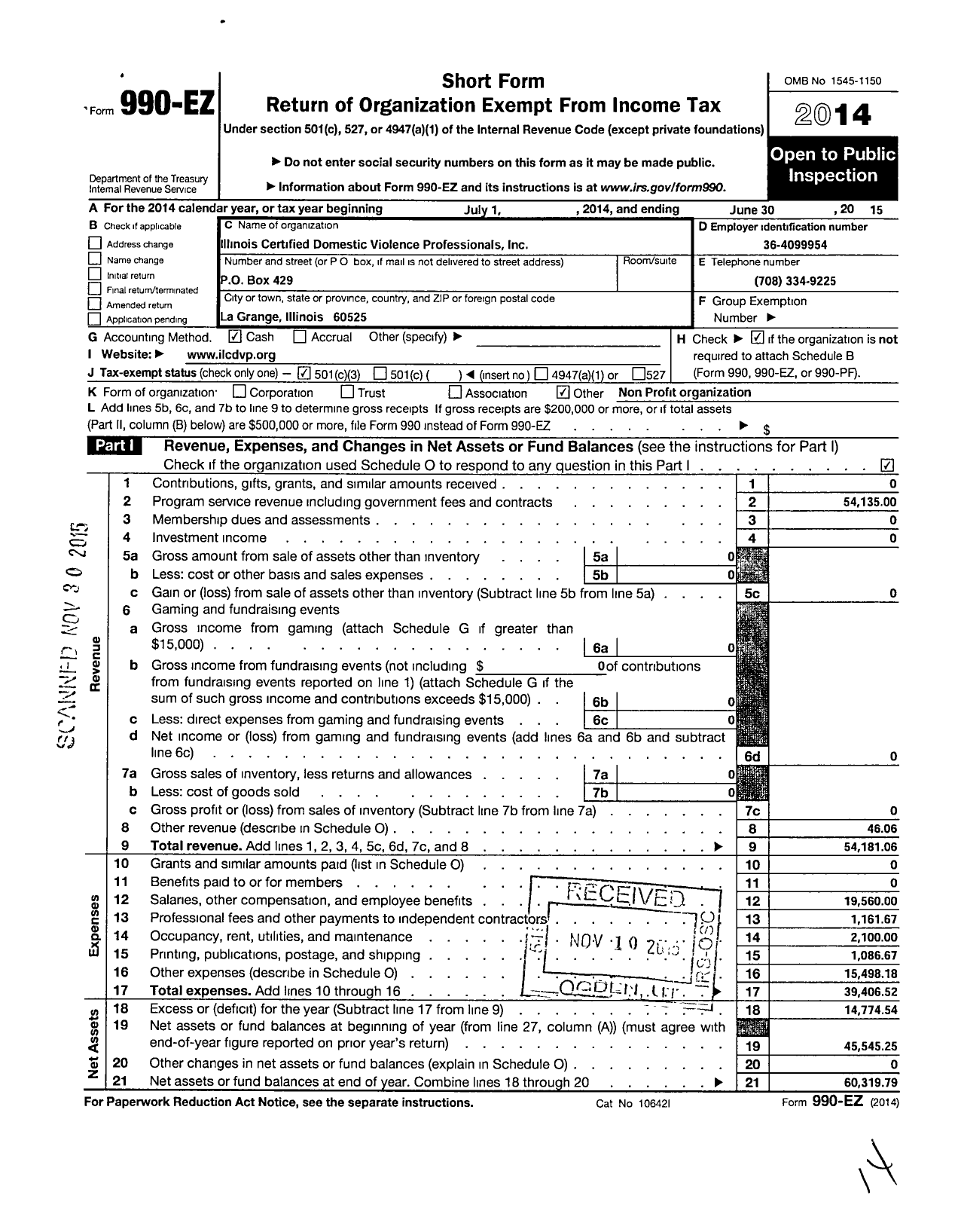 Image of first page of 2014 Form 990EZ for Illinois Certified Domestic Violence Professionals