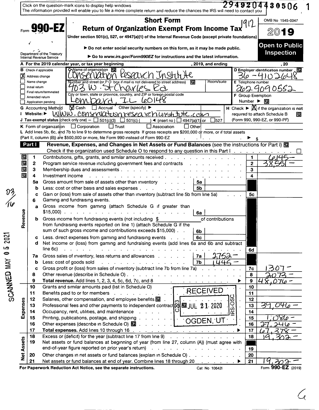 Image of first page of 2019 Form 990EZ for Conservation Research Institute