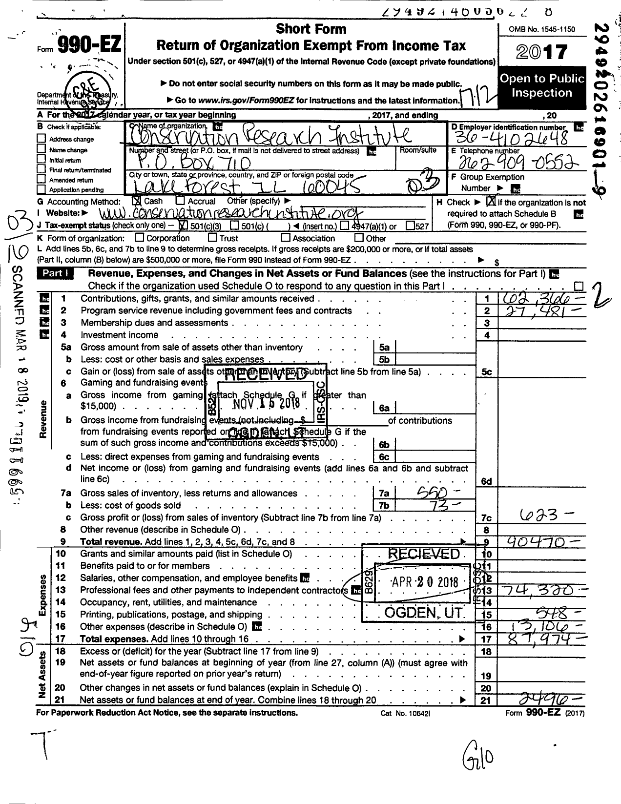 Image of first page of 2017 Form 990EZ for Conservation Research Institute