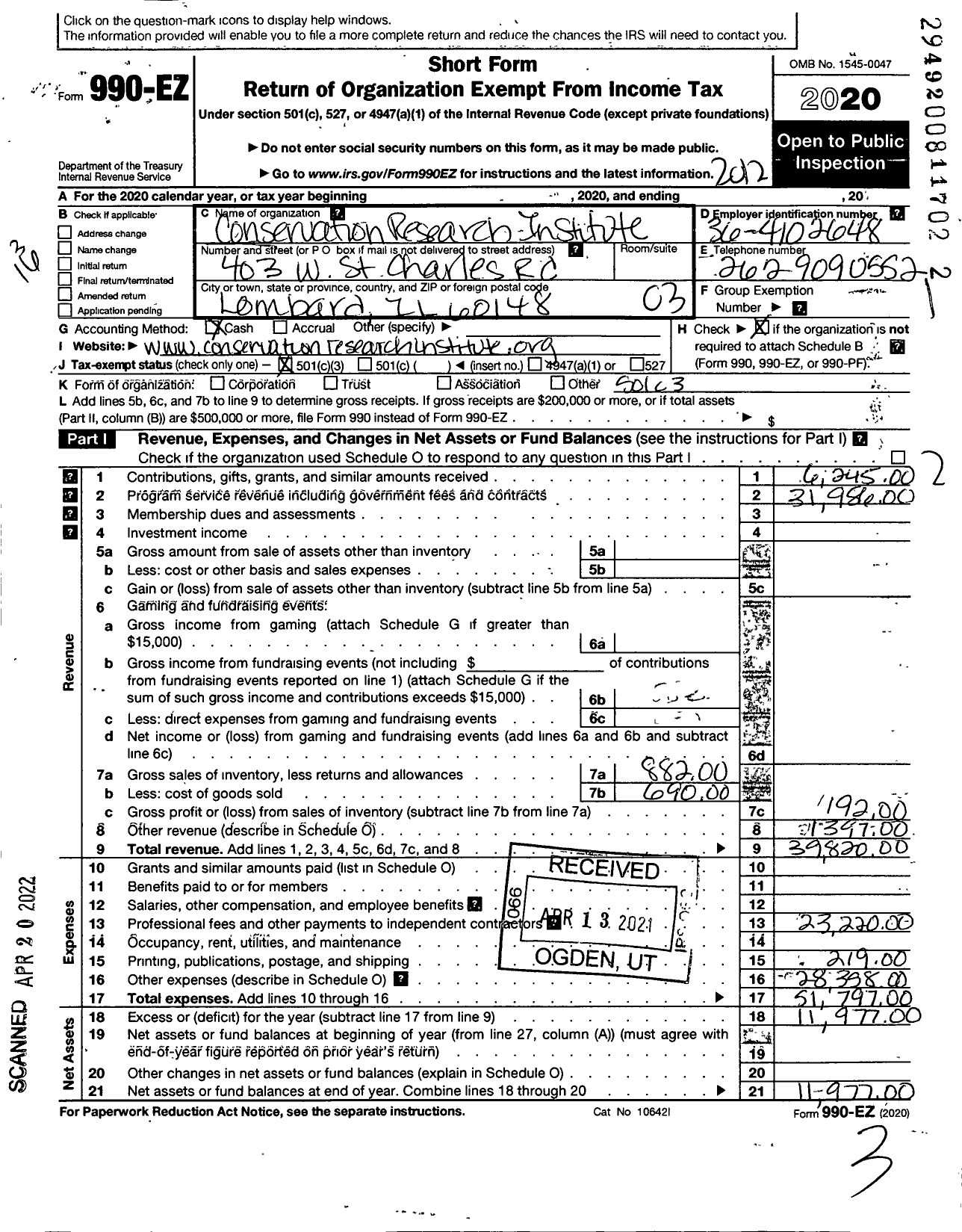 Image of first page of 2020 Form 990EZ for Conservation Research Institute