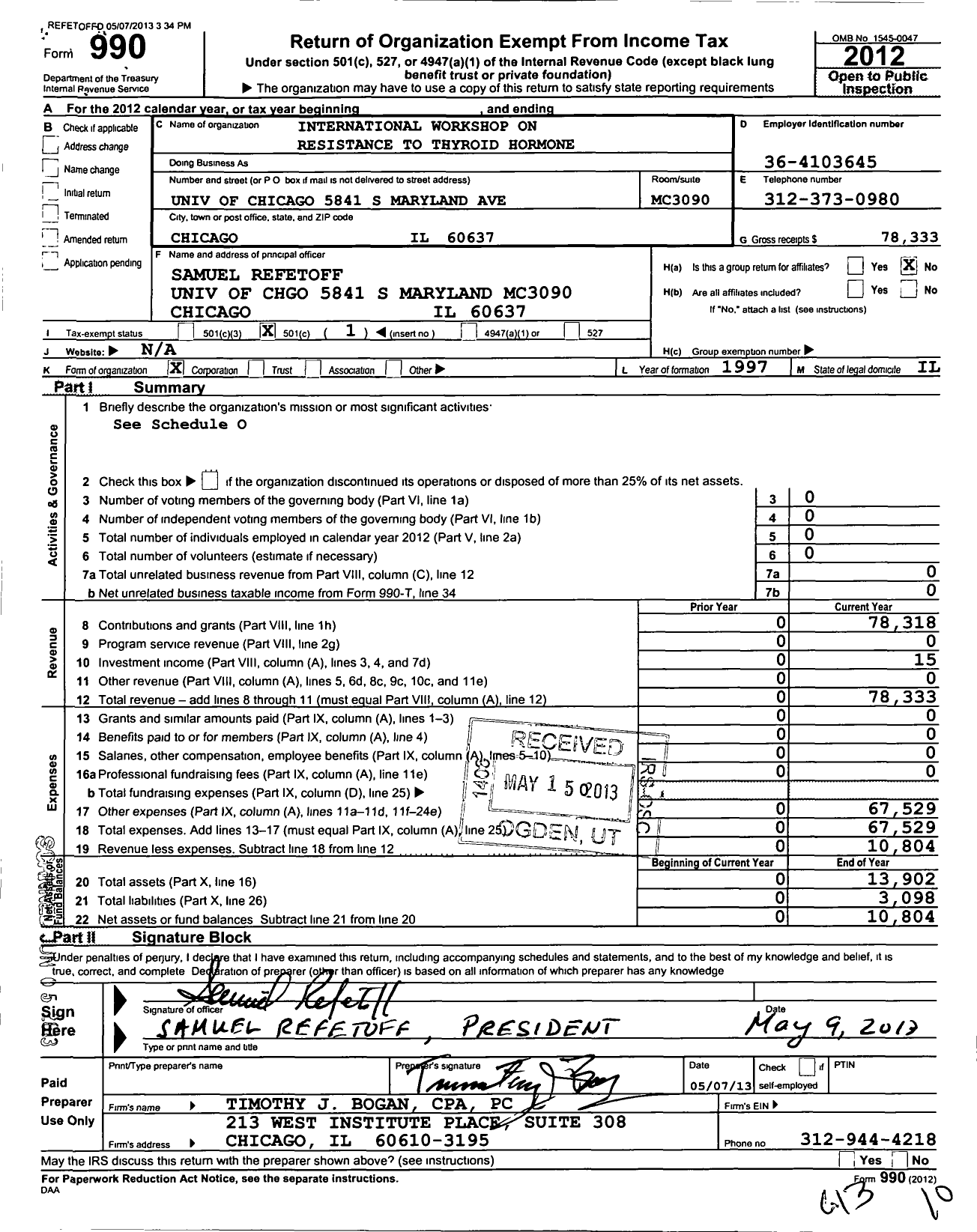 Image of first page of 2012 Form 990O for International Workshop on Resistance To Thyroid Hormone