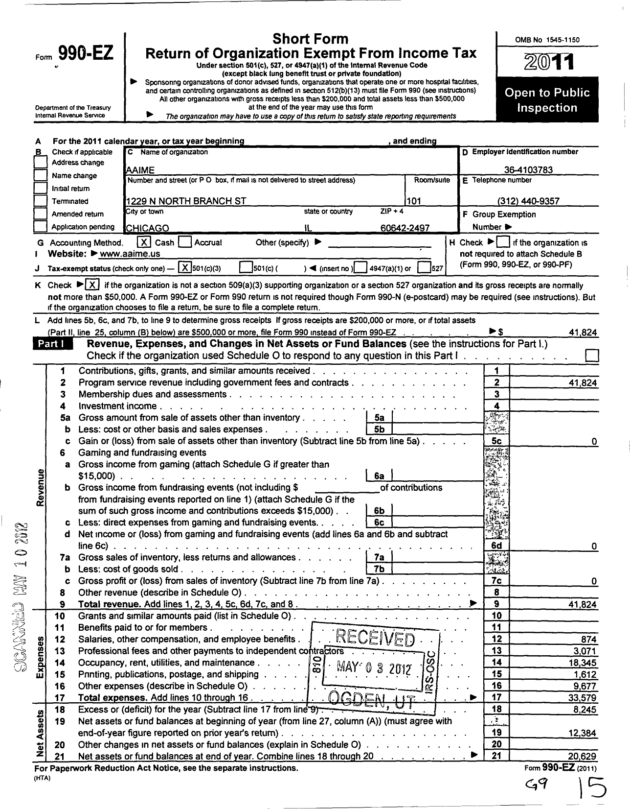 Image of first page of 2011 Form 990EZ for Aaime