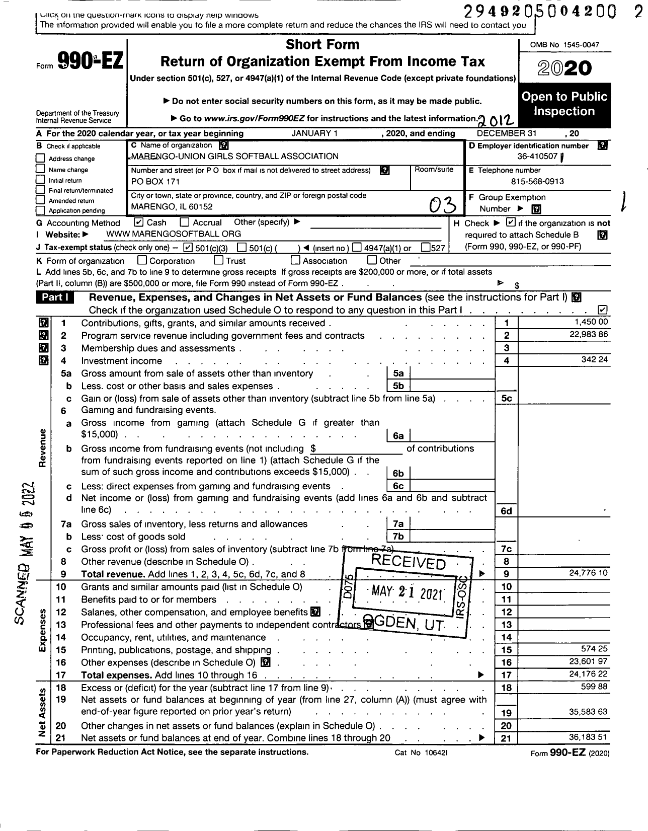 Image of first page of 2020 Form 990EZ for Marengo-Union Girls Softball Association