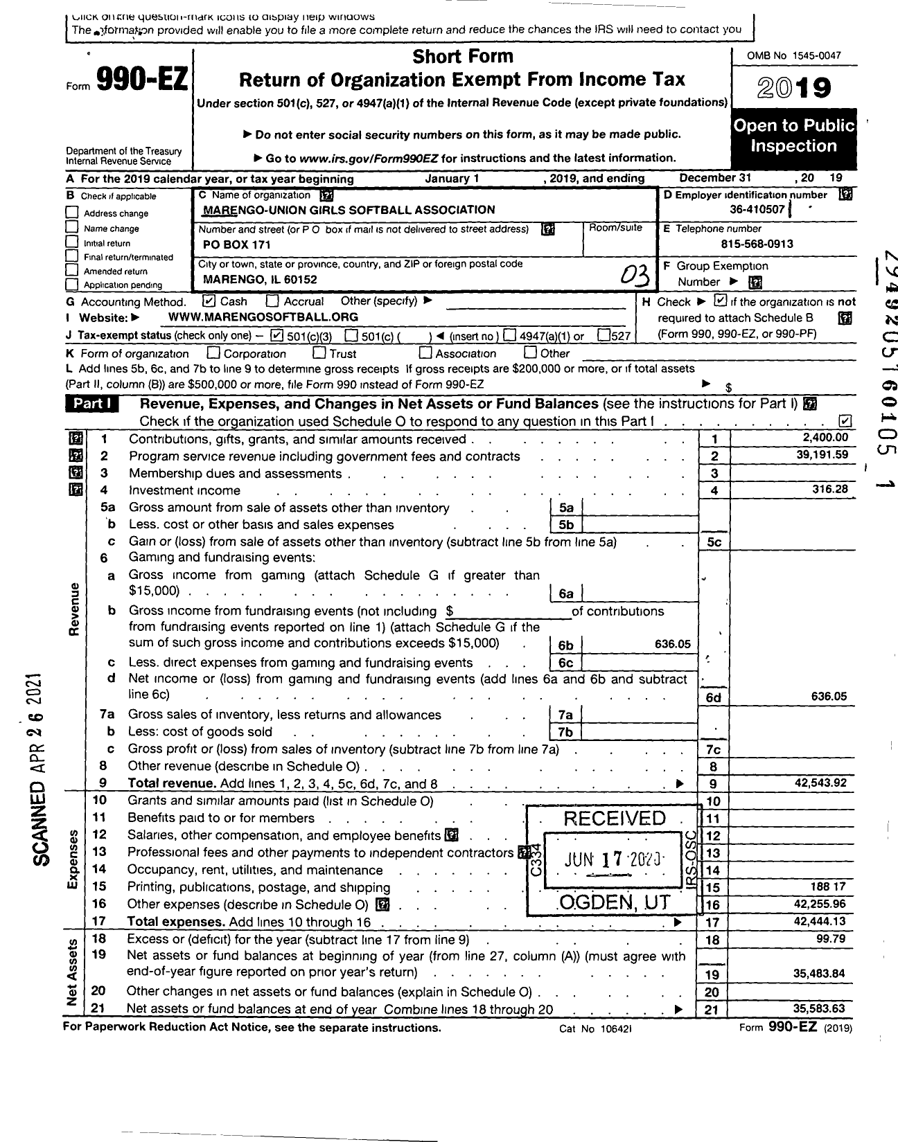 Image of first page of 2019 Form 990EZ for Marengo-Union Girls Softball Association