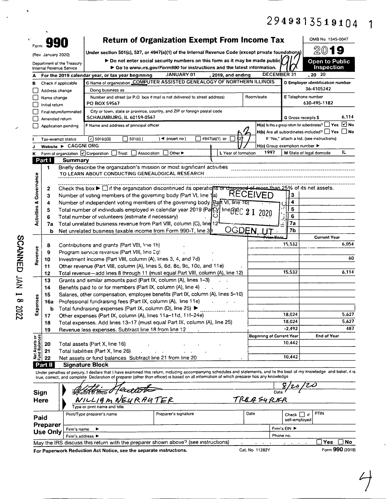 Image of first page of 2019 Form 990 for Computer-Assisted Genealogy Group of Northern Illinois