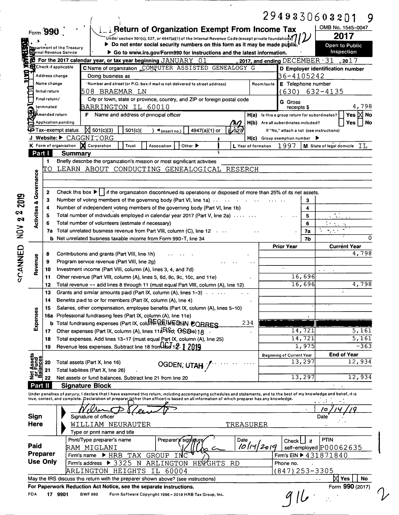 Image of first page of 2017 Form 990 for Computer-Assisted Genealogy Group of Northern Illinois