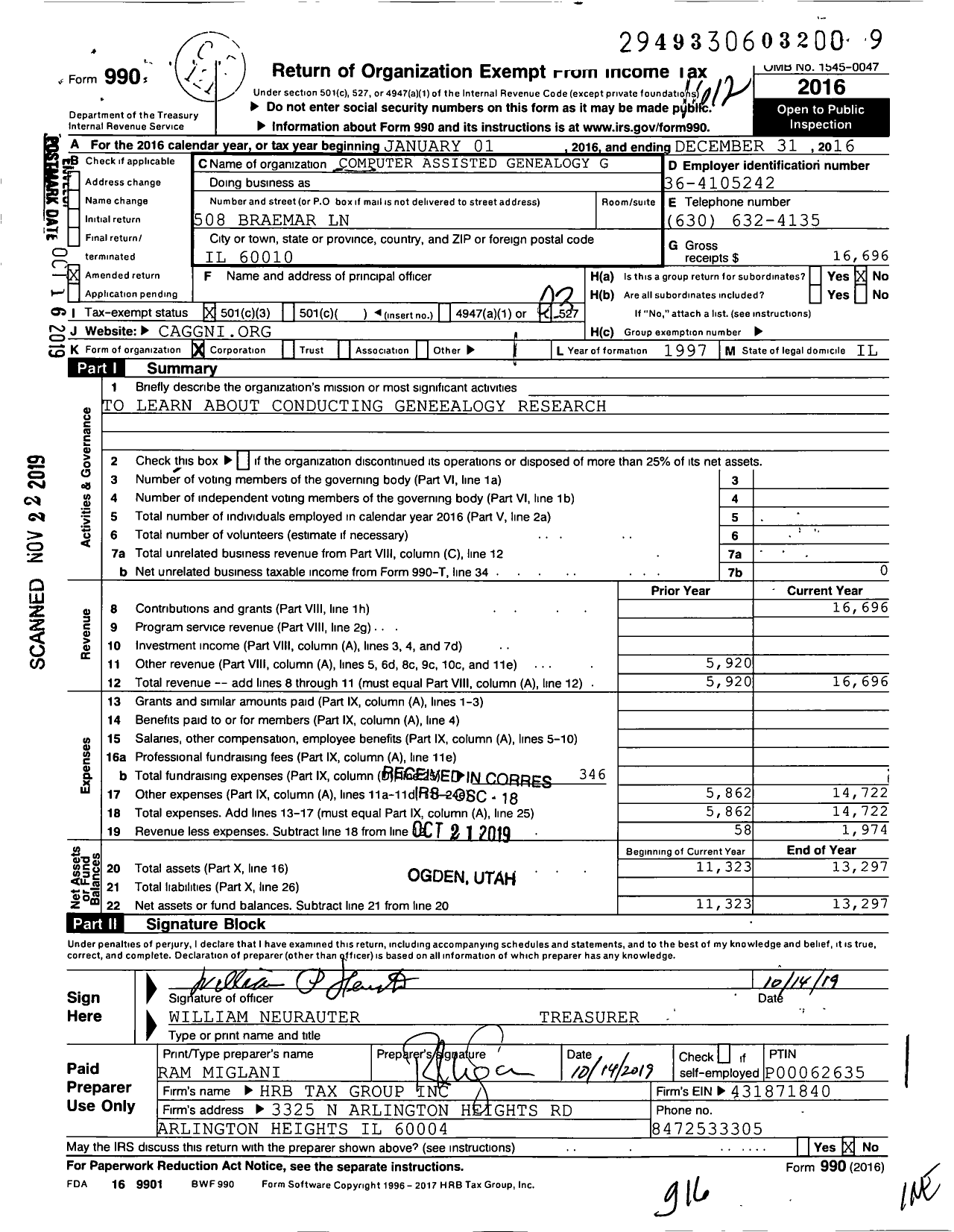 Image of first page of 2016 Form 990 for Computer-Assisted Genealogy Group of Northern Illinois