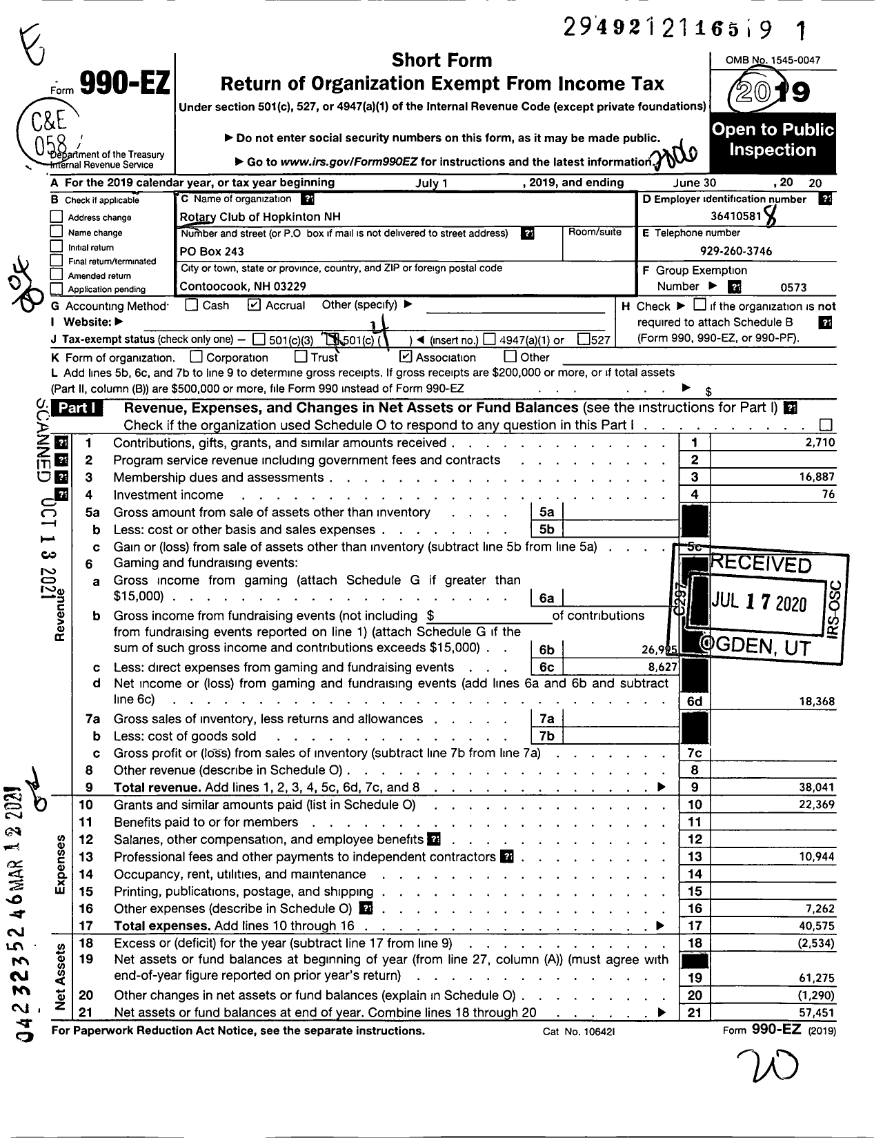 Image of first page of 2019 Form 990EO for Rotary International - Hopkinton New Hampshire