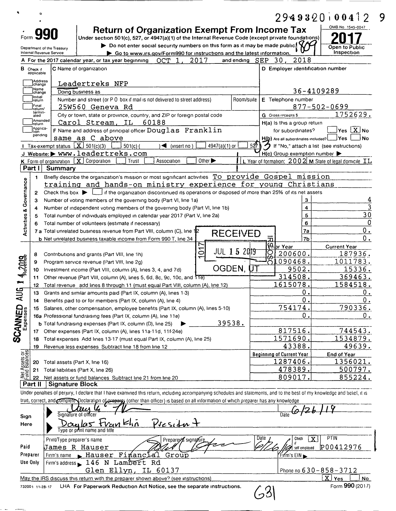 Image of first page of 2017 Form 990 for Leadertreks NFP