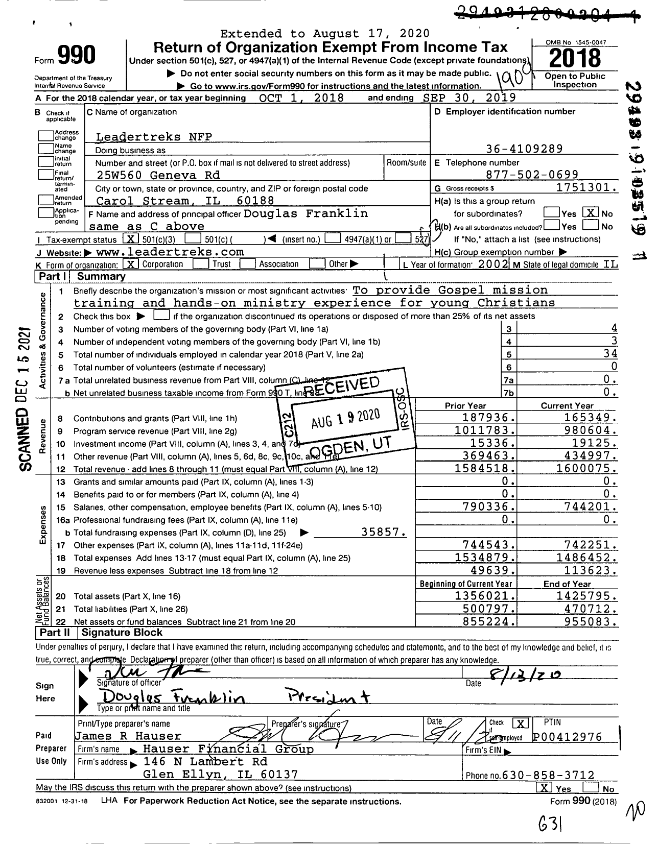 Image of first page of 2018 Form 990 for Leadertreks NFP