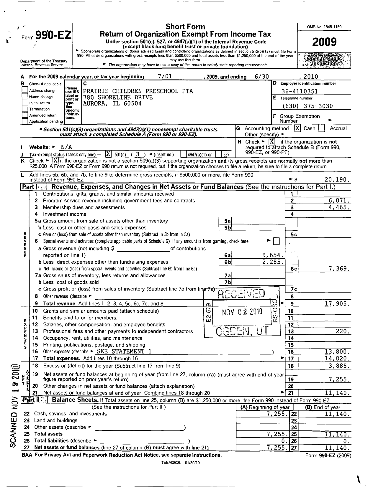 Image of first page of 2009 Form 990EZ for Illinois PTA - Prairie Children Preschool PTA