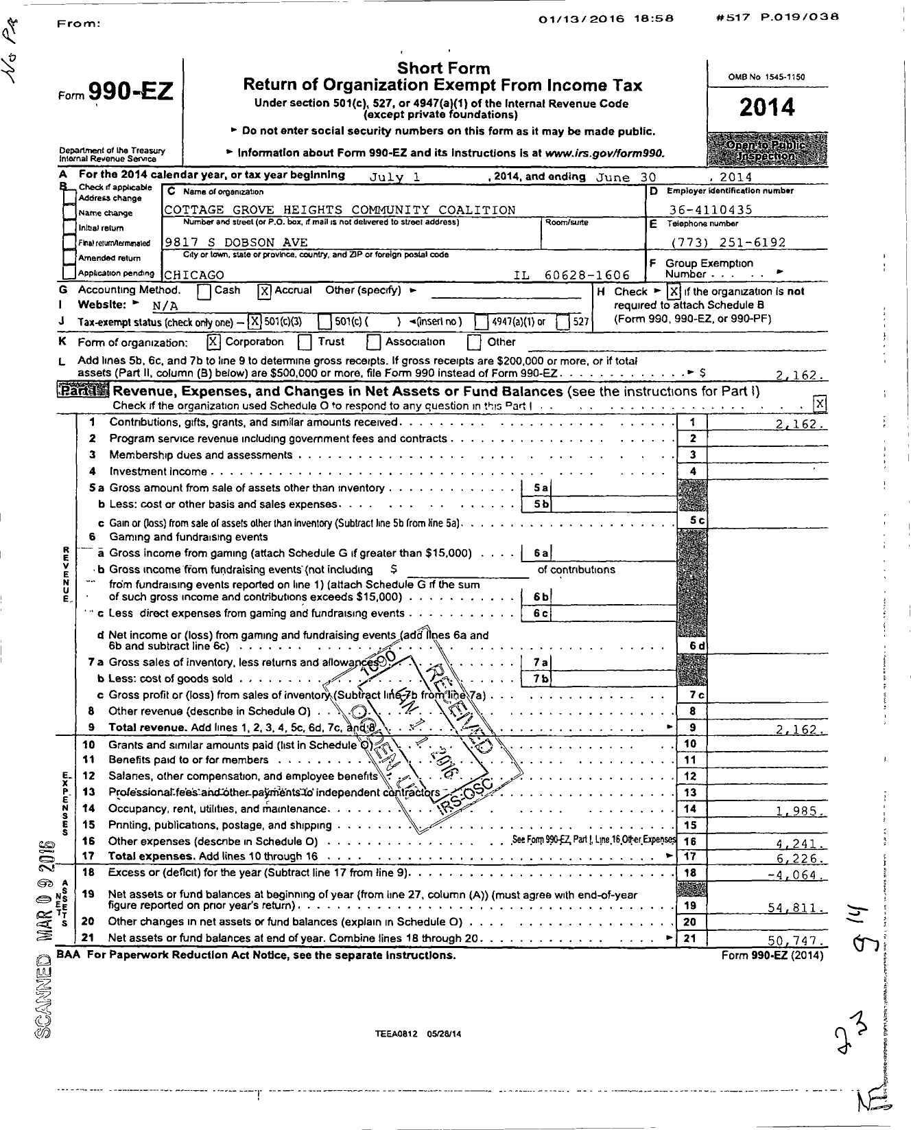 Image of first page of 2013 Form 990EZ for Cottage Grove Heights Comm Coalition