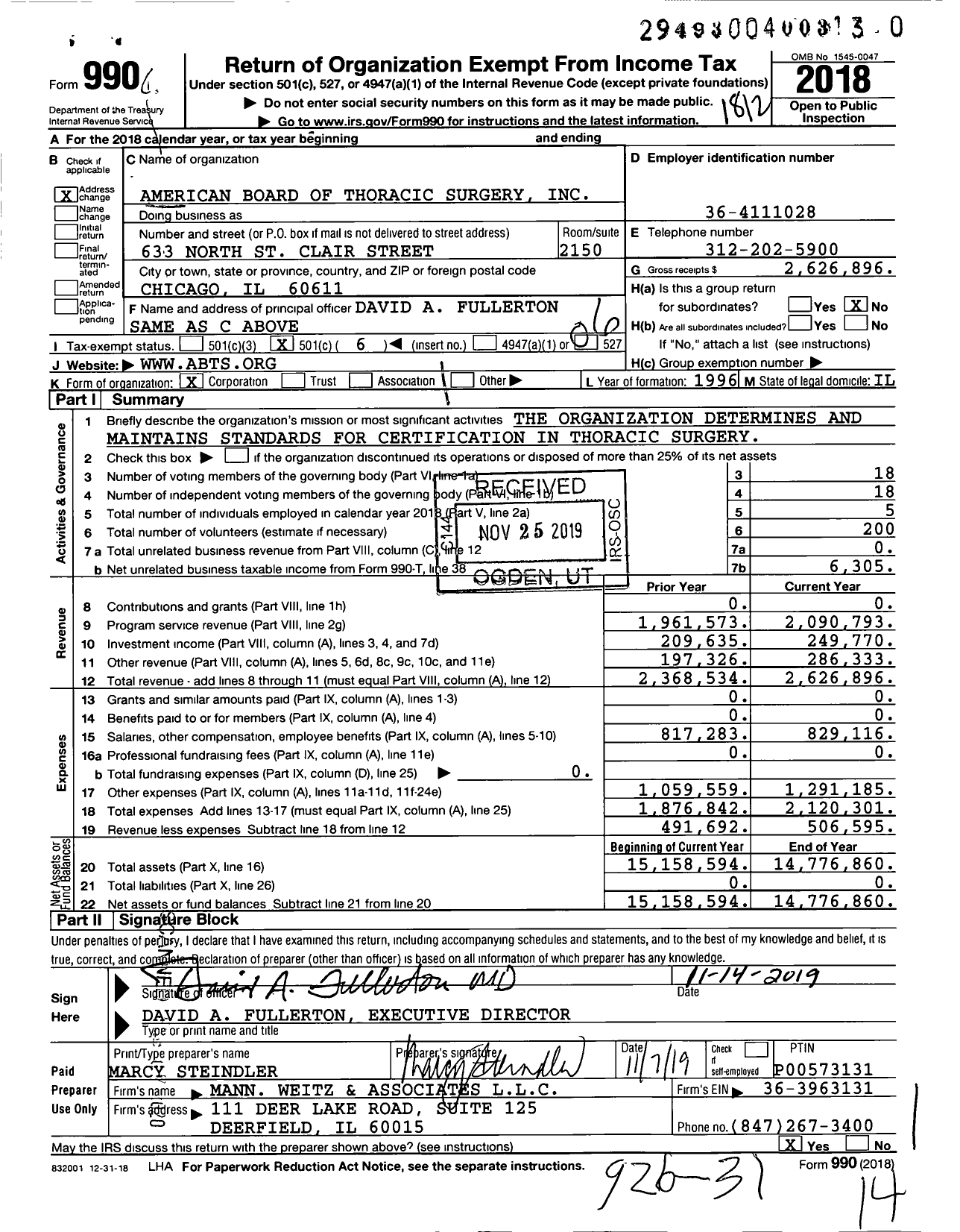 Image of first page of 2018 Form 990O for American Board of Thoracic Surgery (ABTS)