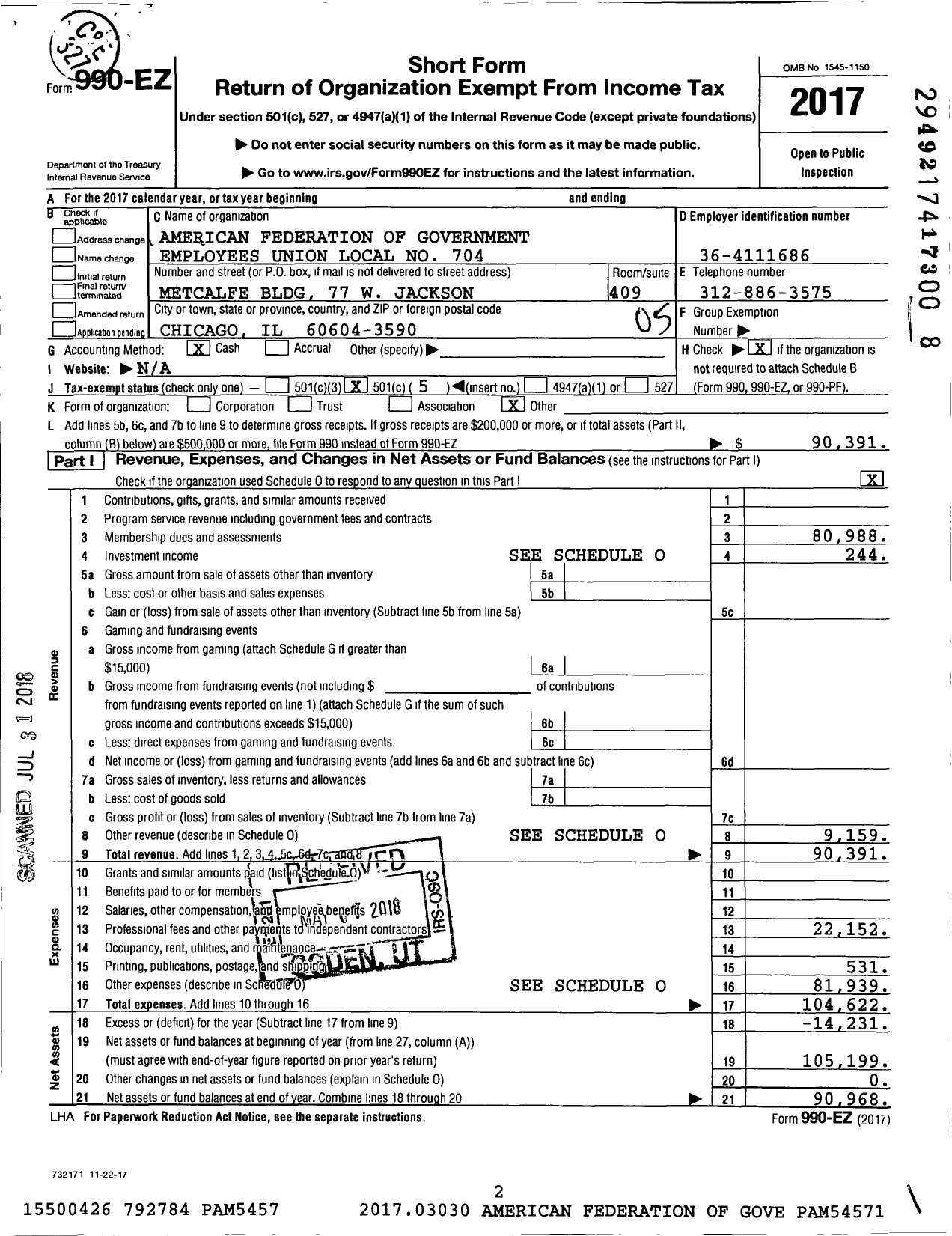 Image of first page of 2017 Form 990EO for American Federation of Government Employees Union Local No 704