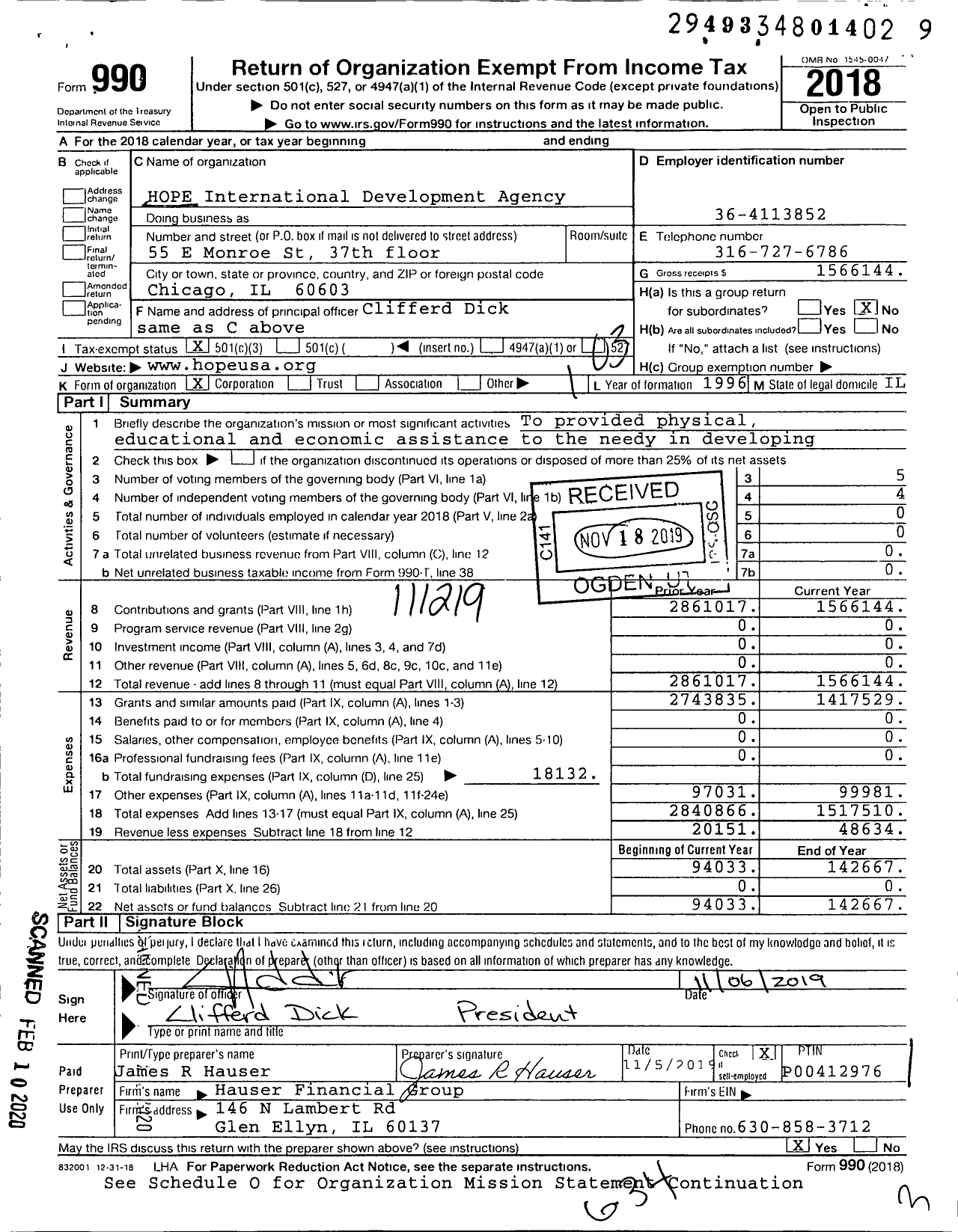 Image of first page of 2018 Form 990 for Hope International Development Agency