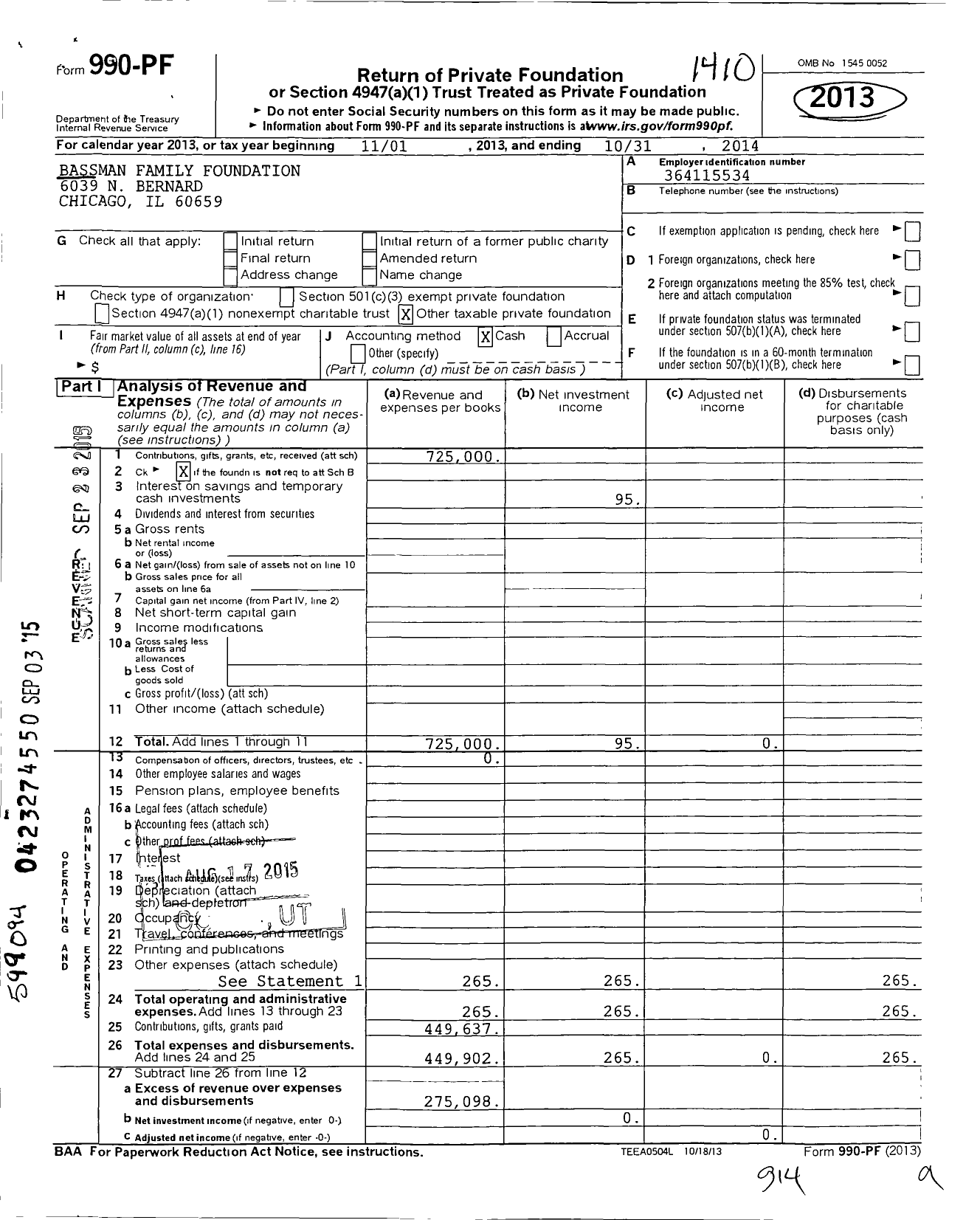 Image of first page of 2013 Form 990PF for Bassman Family Foundation