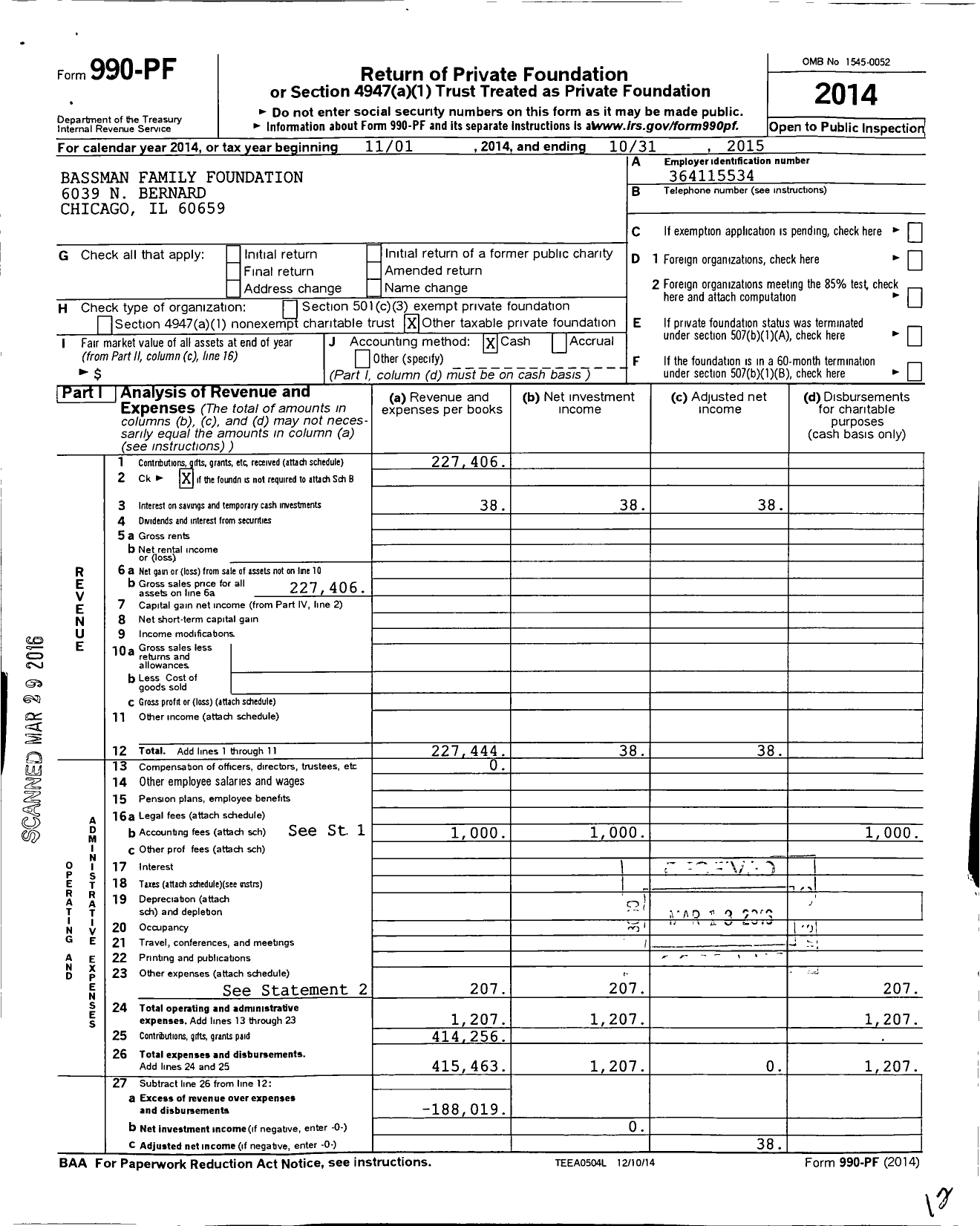 Image of first page of 2014 Form 990PF for Bassman Family Foundation