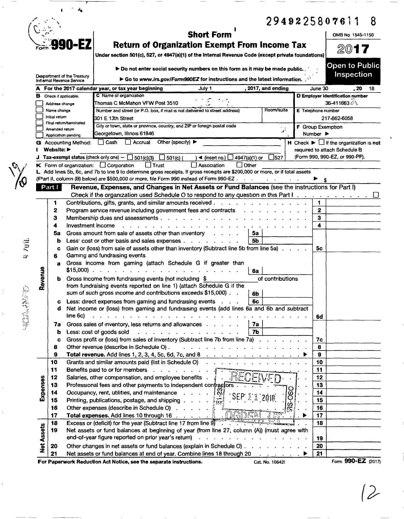 Image of first page of 2017 Form 990EO for VFW Dept of Illinois - 3510 Thomas C Mcmahon Post