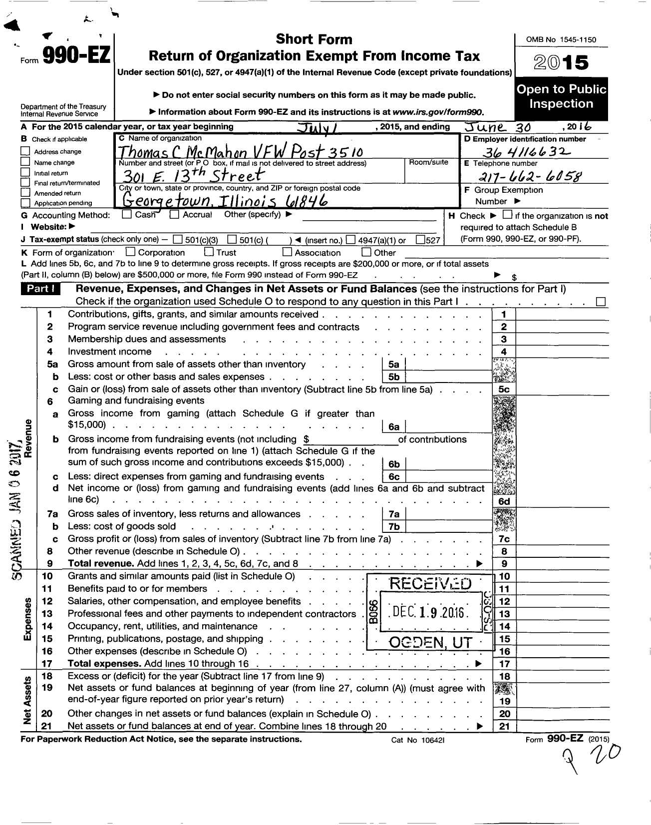 Image of first page of 2015 Form 990EO for VFW Dept of Illinois - 3510 Thomas C Mcmahon Post