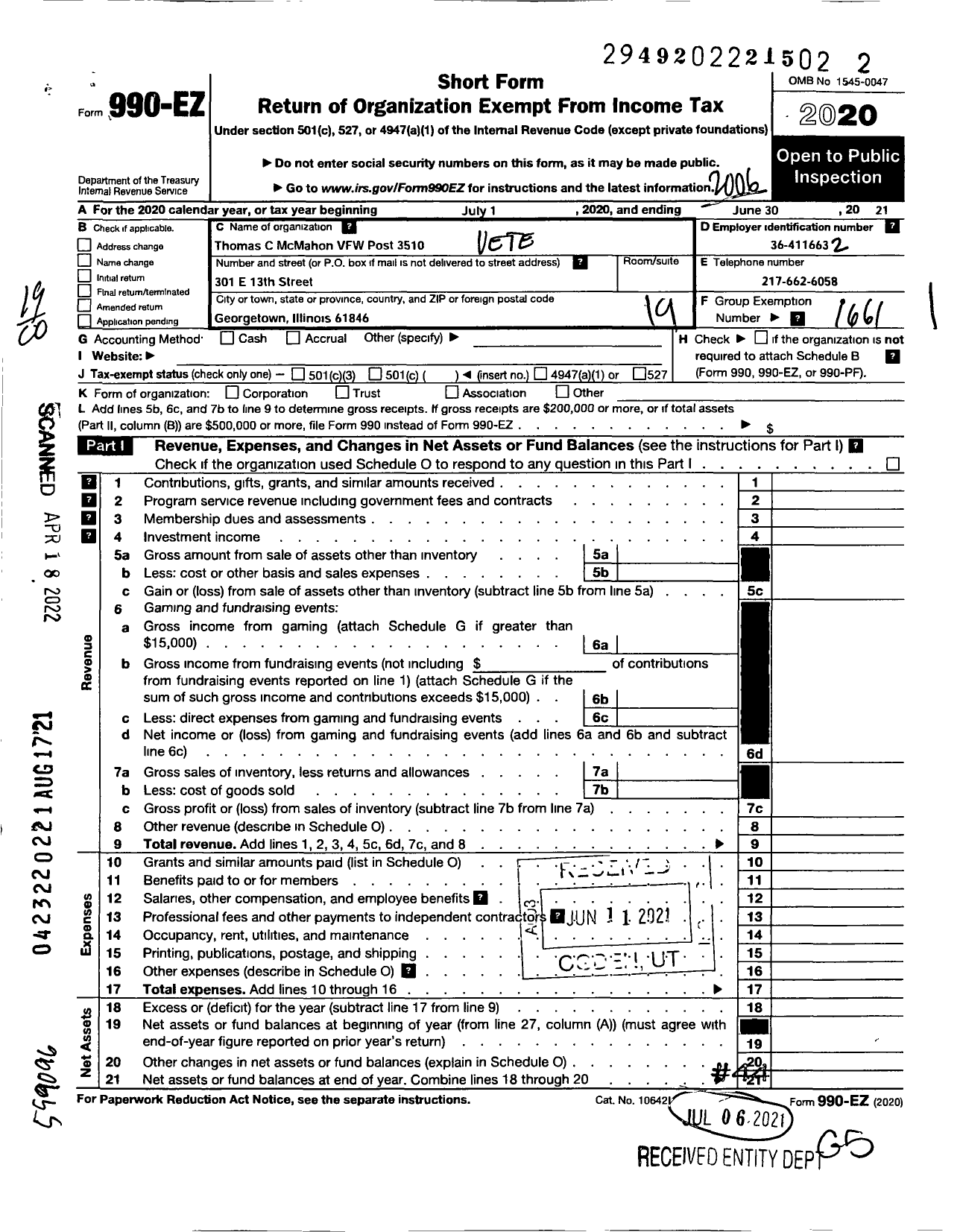 Image of first page of 2019 Form 990EO for VFW Dept of Illinois - 3510 Thomas C Mcmahon Post