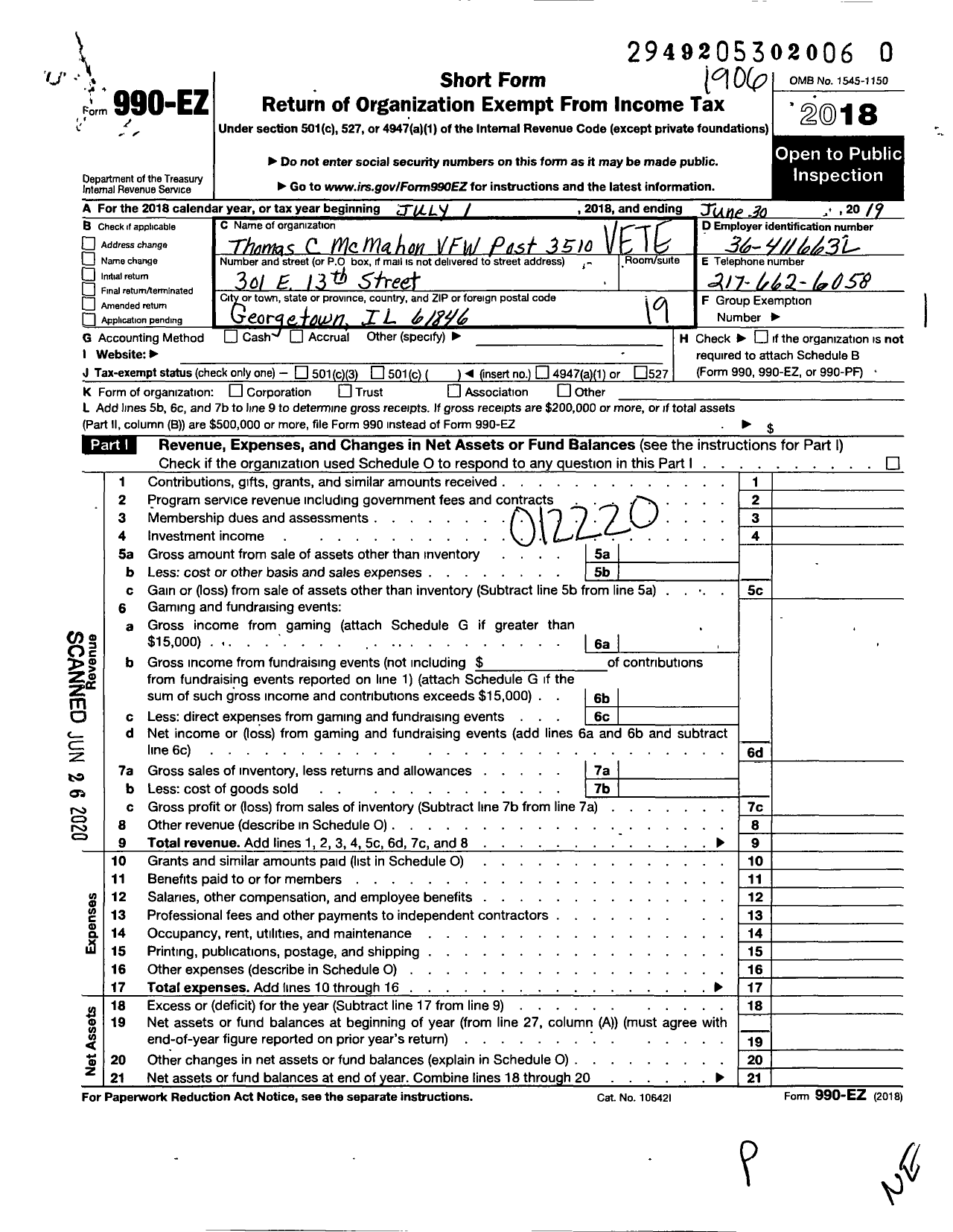 Image of first page of 2018 Form 990EO for VFW Dept of Illinois - 3510 Thomas C Mcmahon Post