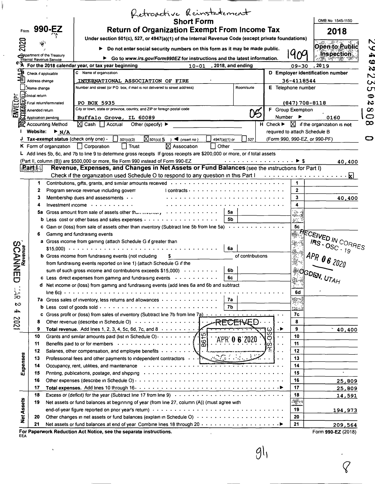 Image of first page of 2018 Form 990EO for International Association of Fire