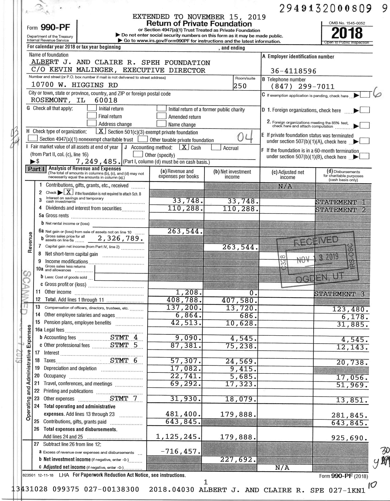 Image of first page of 2018 Form 990PF for Albert J and Claire R Speh Foundation