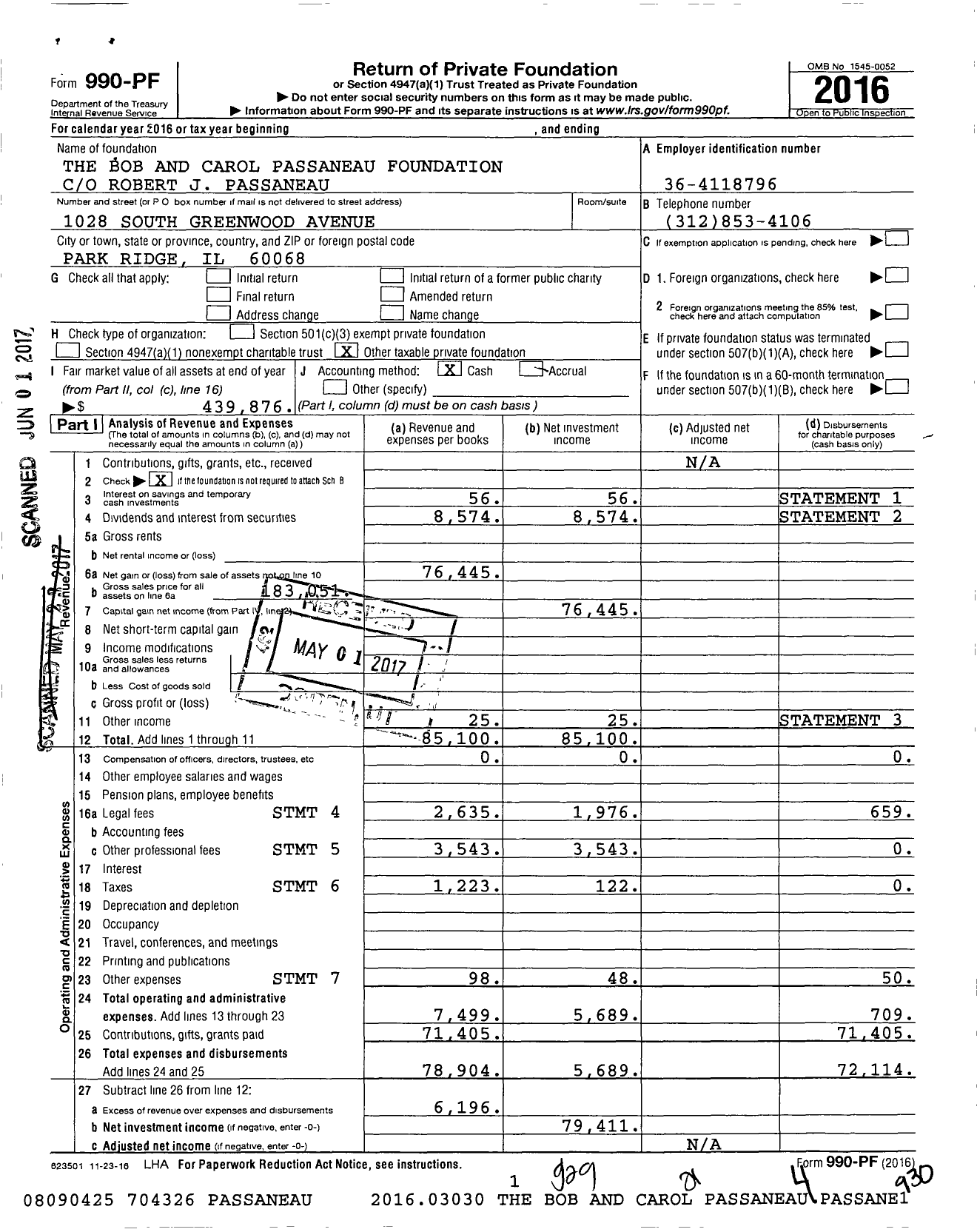 Image of first page of 2016 Form 990PF for The Bob and Carol Passaneau Foundation