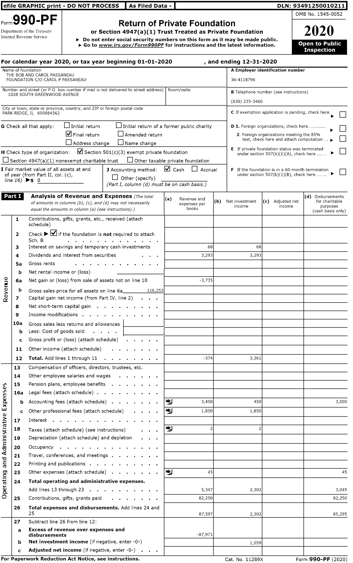 Image of first page of 2020 Form 990PF for The Bob and Carol Passaneau Foundation