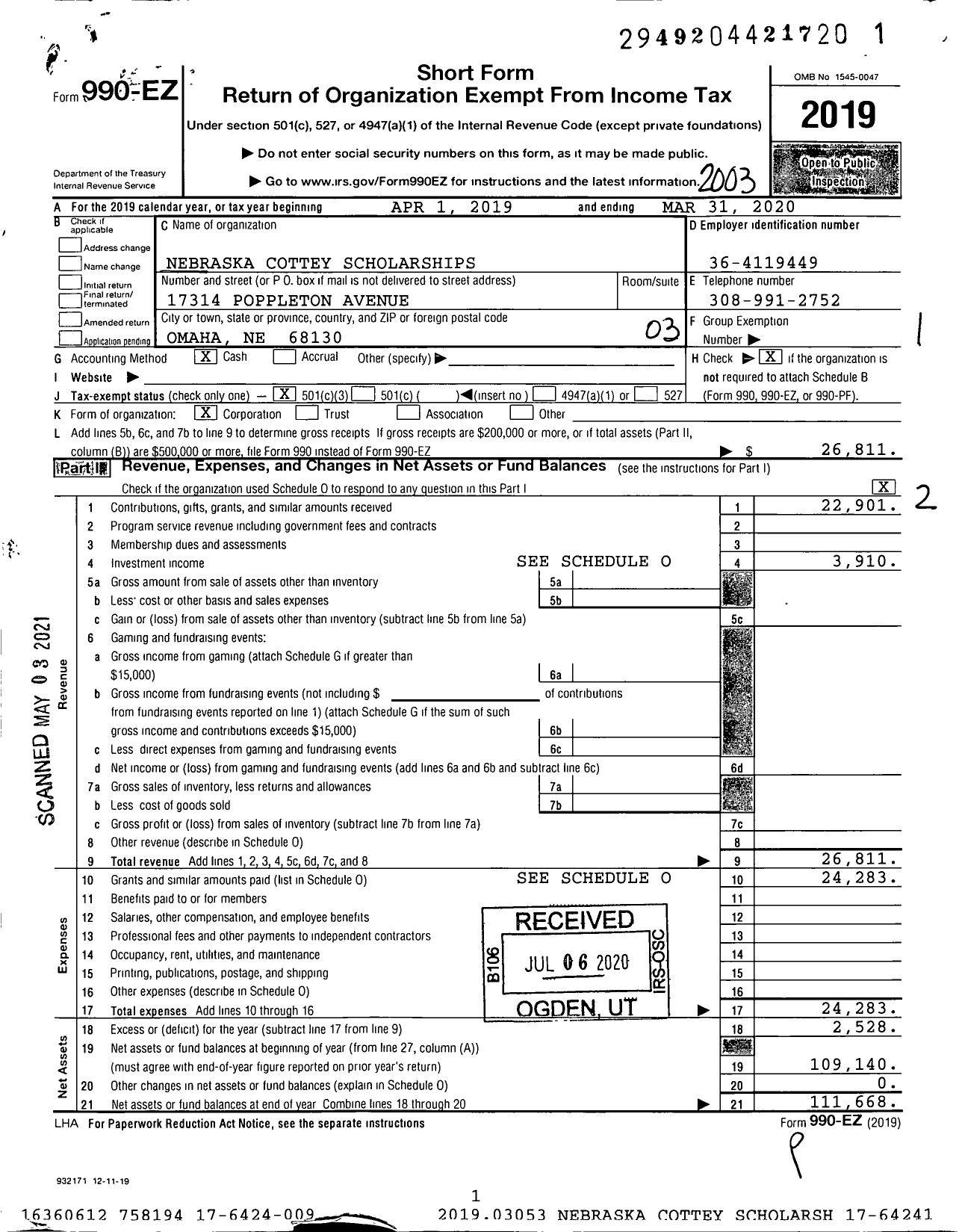 Image of first page of 2019 Form 990EZ for Nebraska Cottey Scholarships