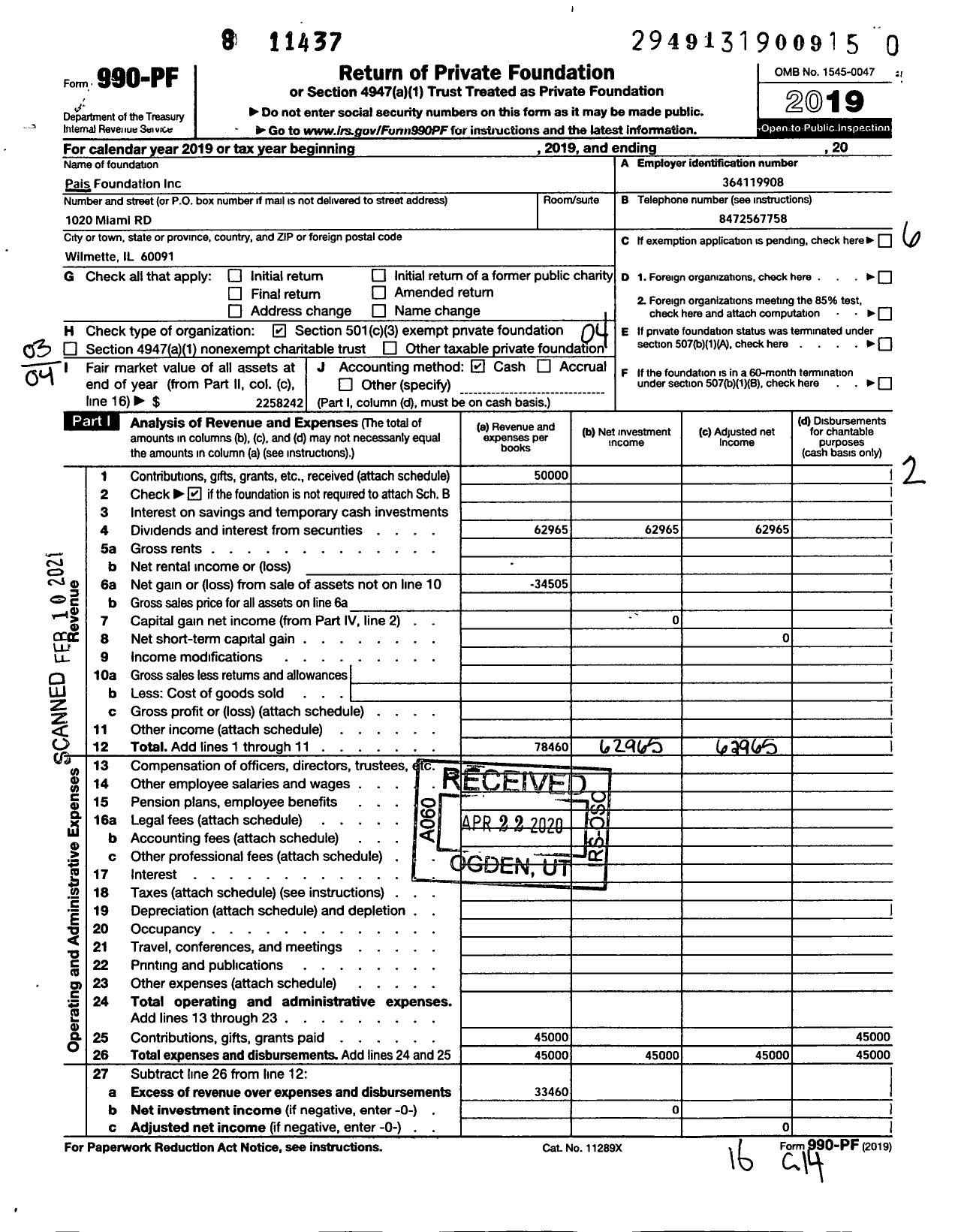 Image of first page of 2019 Form 990PF for Pais Foundation