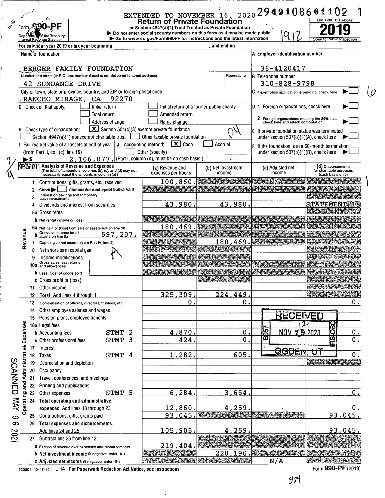 Image of first page of 2019 Form 990PF for Berger Family Foundation