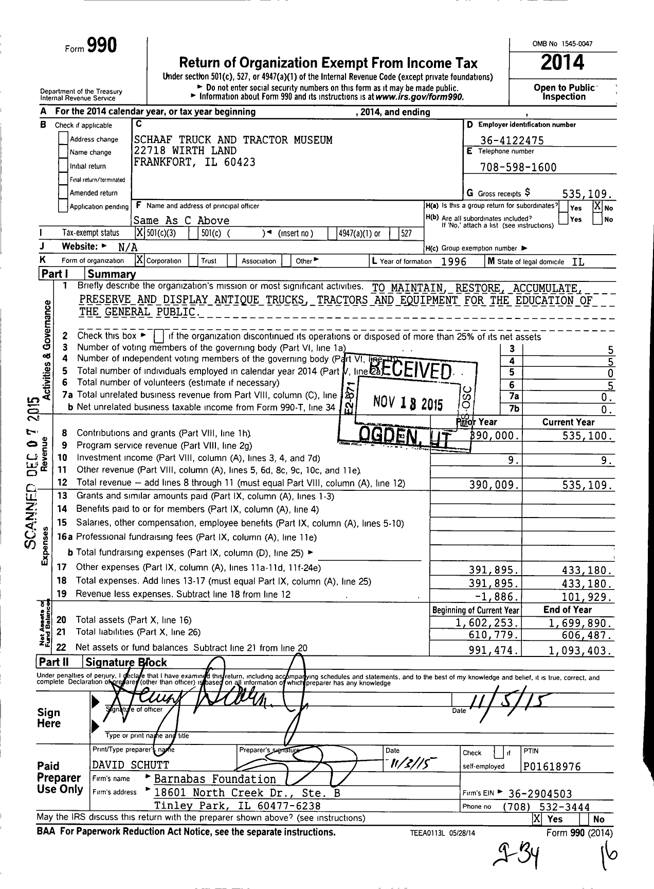 Image of first page of 2014 Form 990 for Schaaf Truck and Tractor Museum