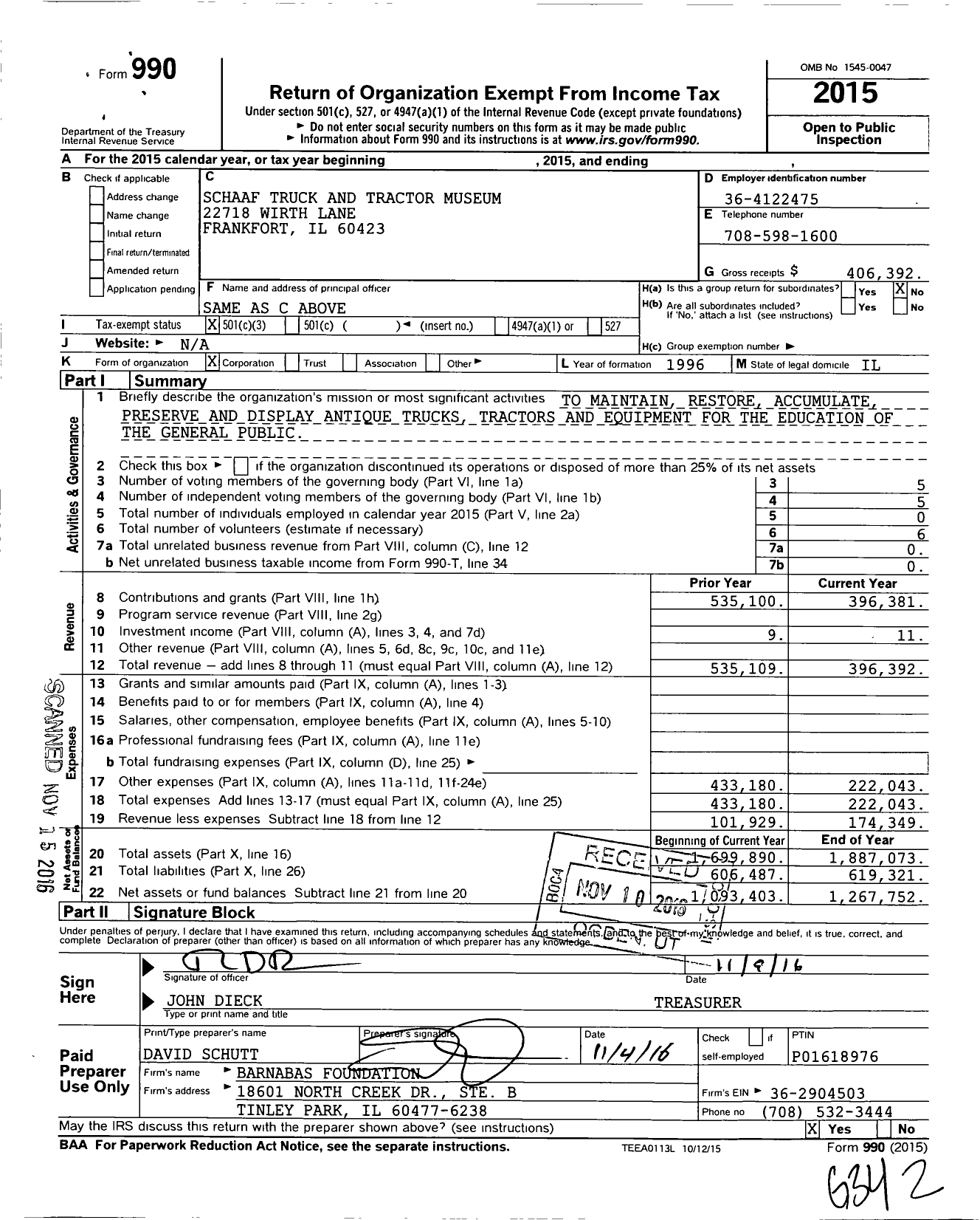 Image of first page of 2015 Form 990 for Schaaf Truck and Tractor Museum